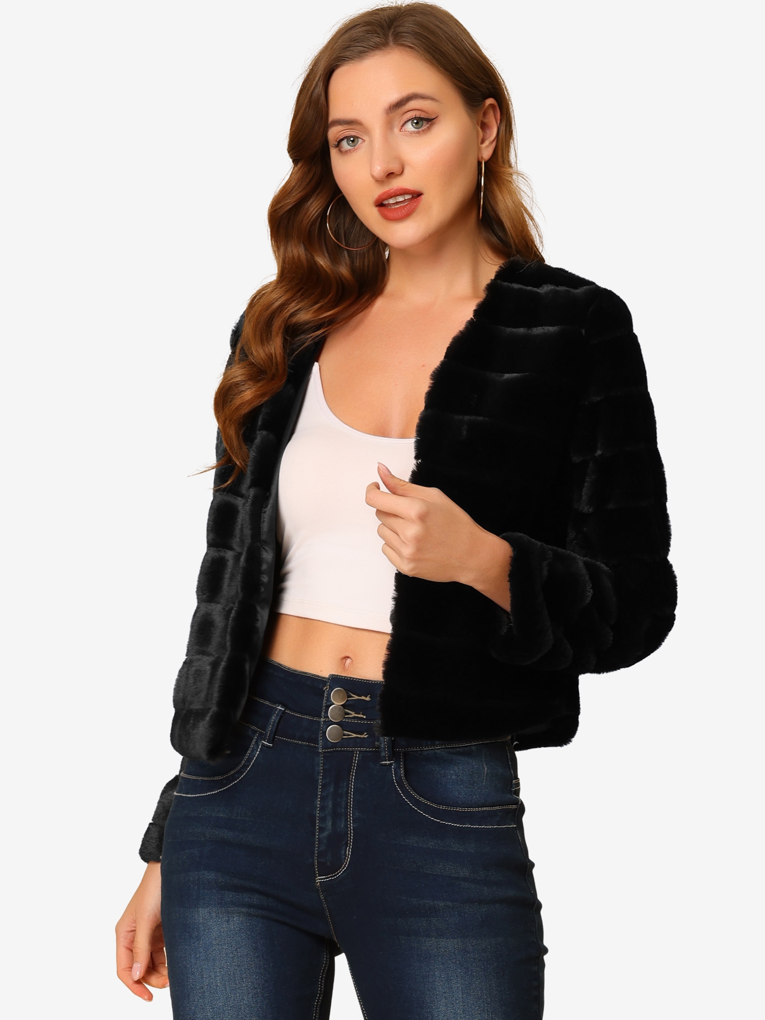 Winter Warm Cropped Jacket Collarless Faux Fur Fluffy Coat Black/2XL