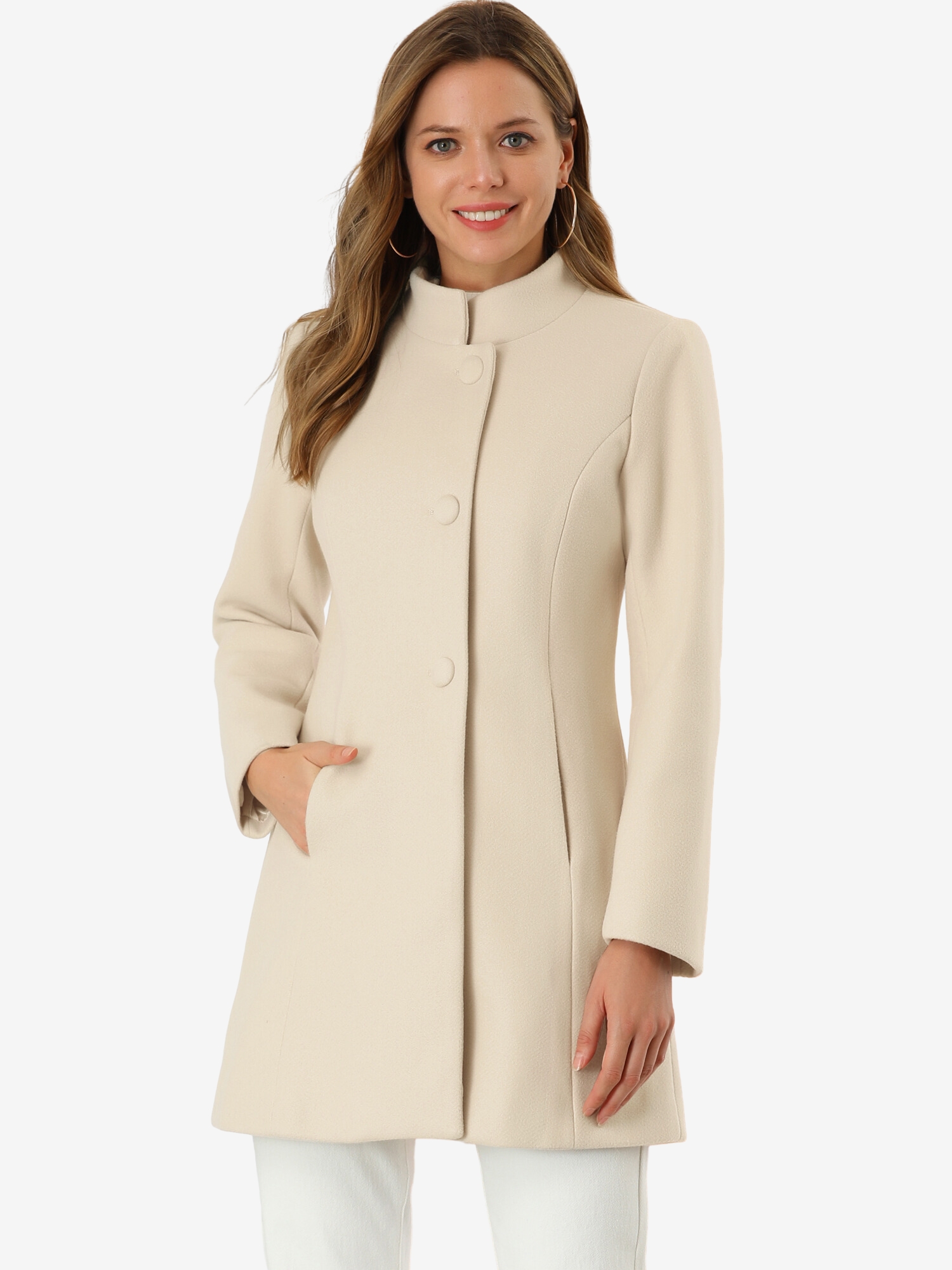 Stand Collar Single Breasted Solid Color Pea Coat Beige/2XL
