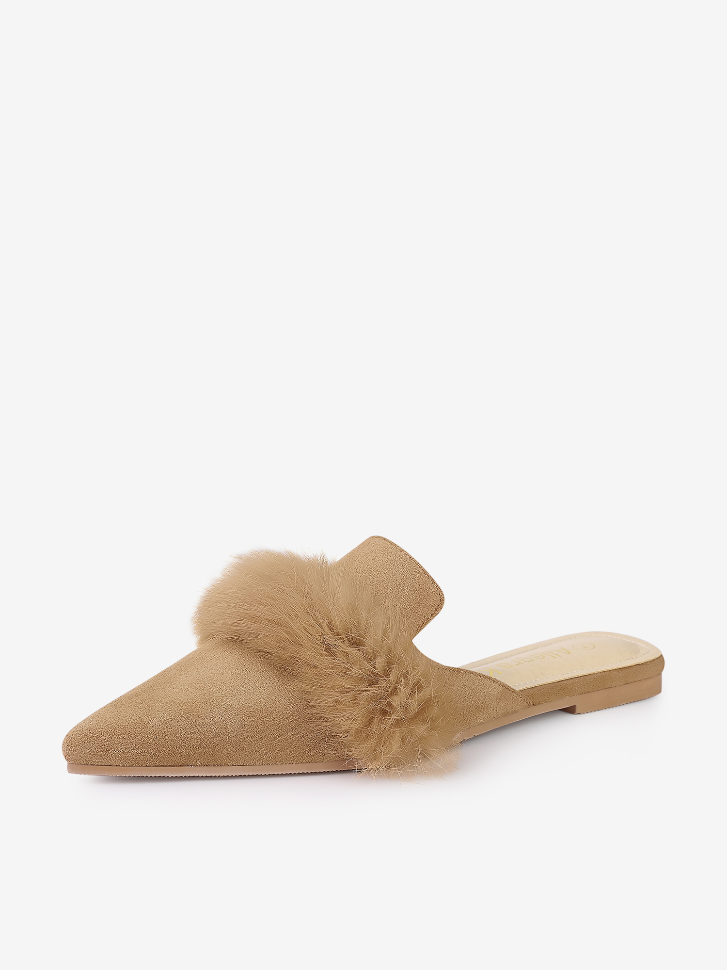 Women's Pointed Toe Faux Fur Slip on Flat Slide Mules Khaki/9