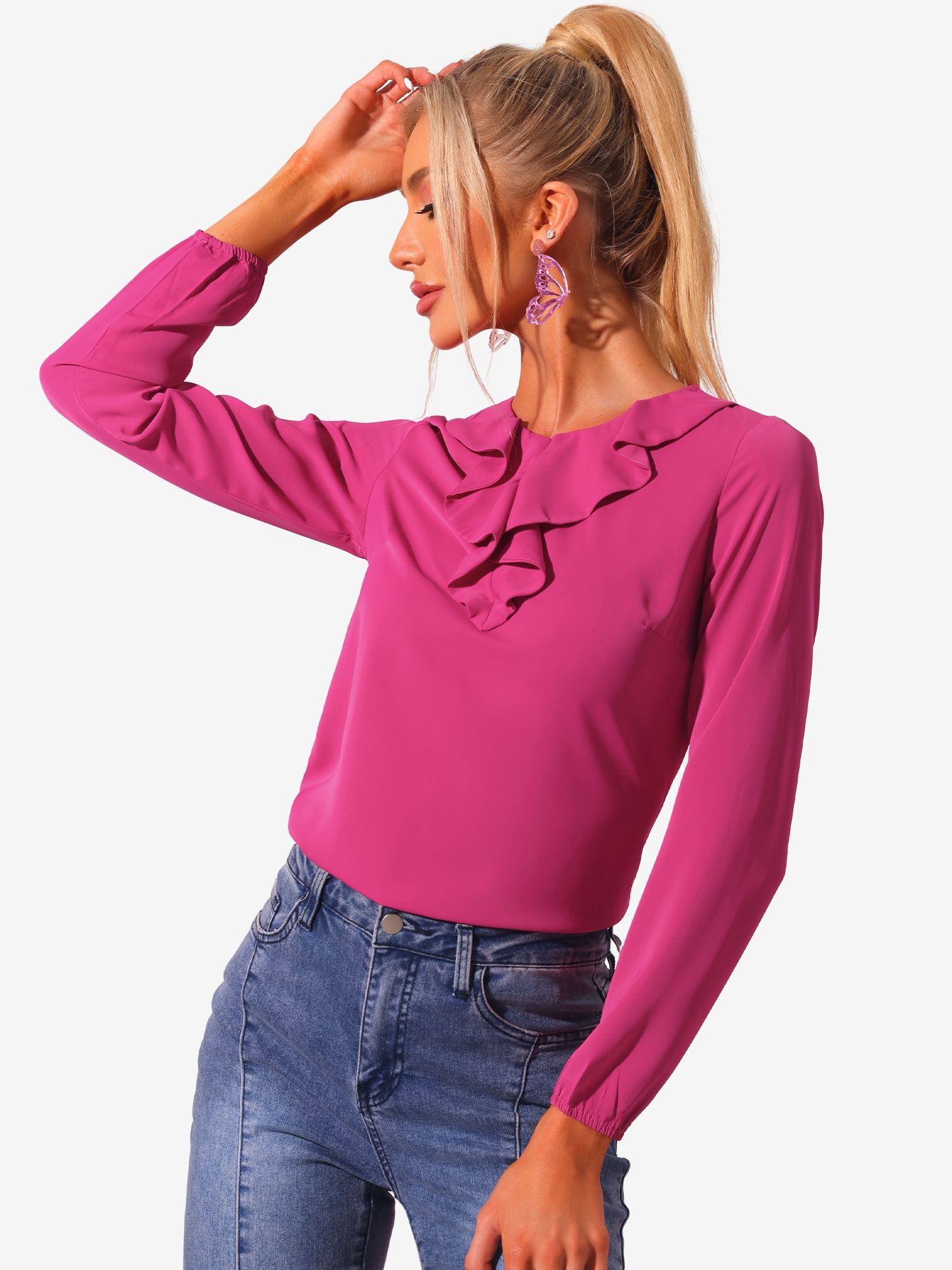 Ruffle Neck Chiffon Top Long Sleeve Vintage Work Office Blouse Fushcia-Solid/S