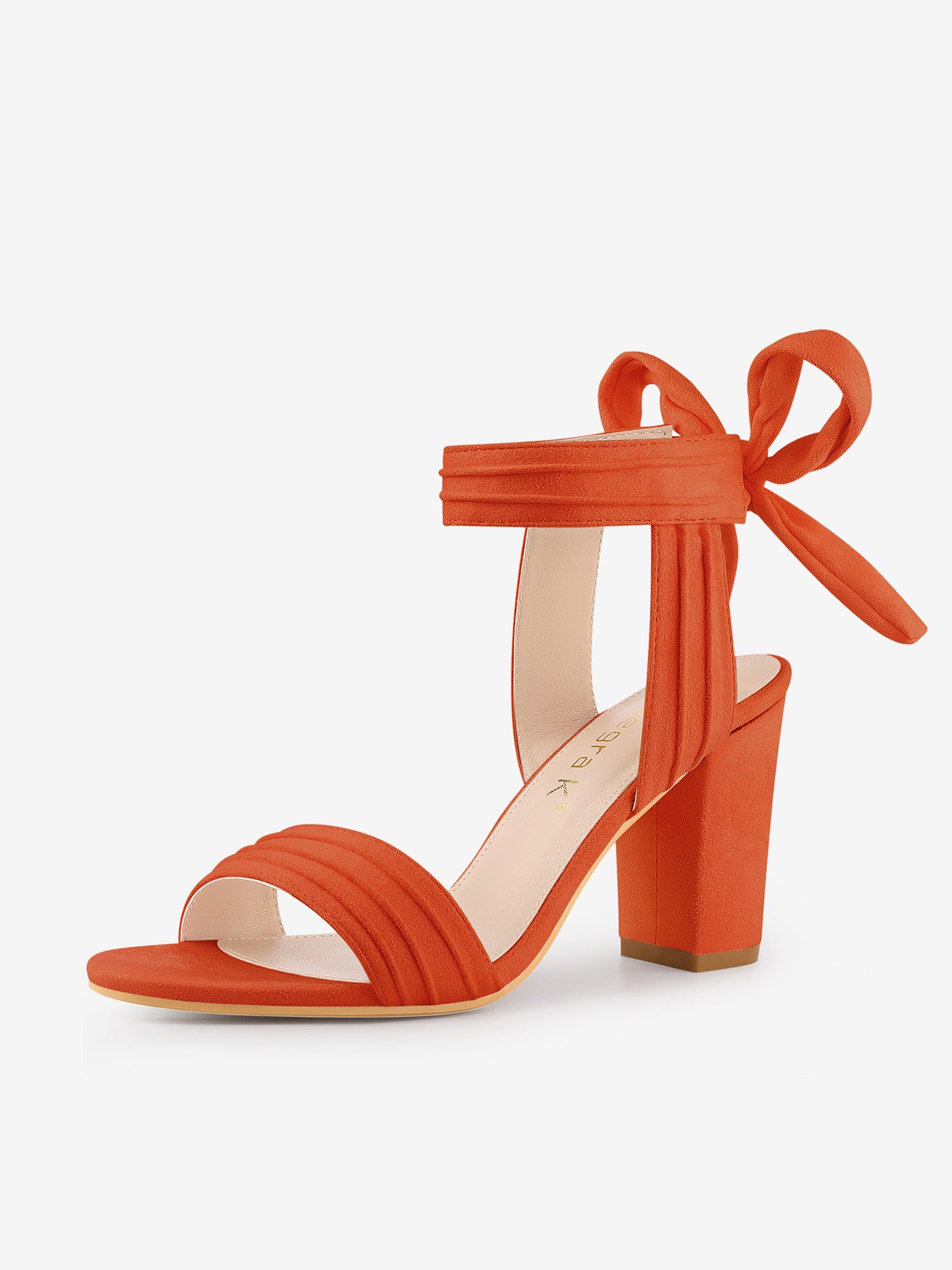 Open Toe Ankle Tie Back Faux Suede Chunky Heel Sandals Orange/7