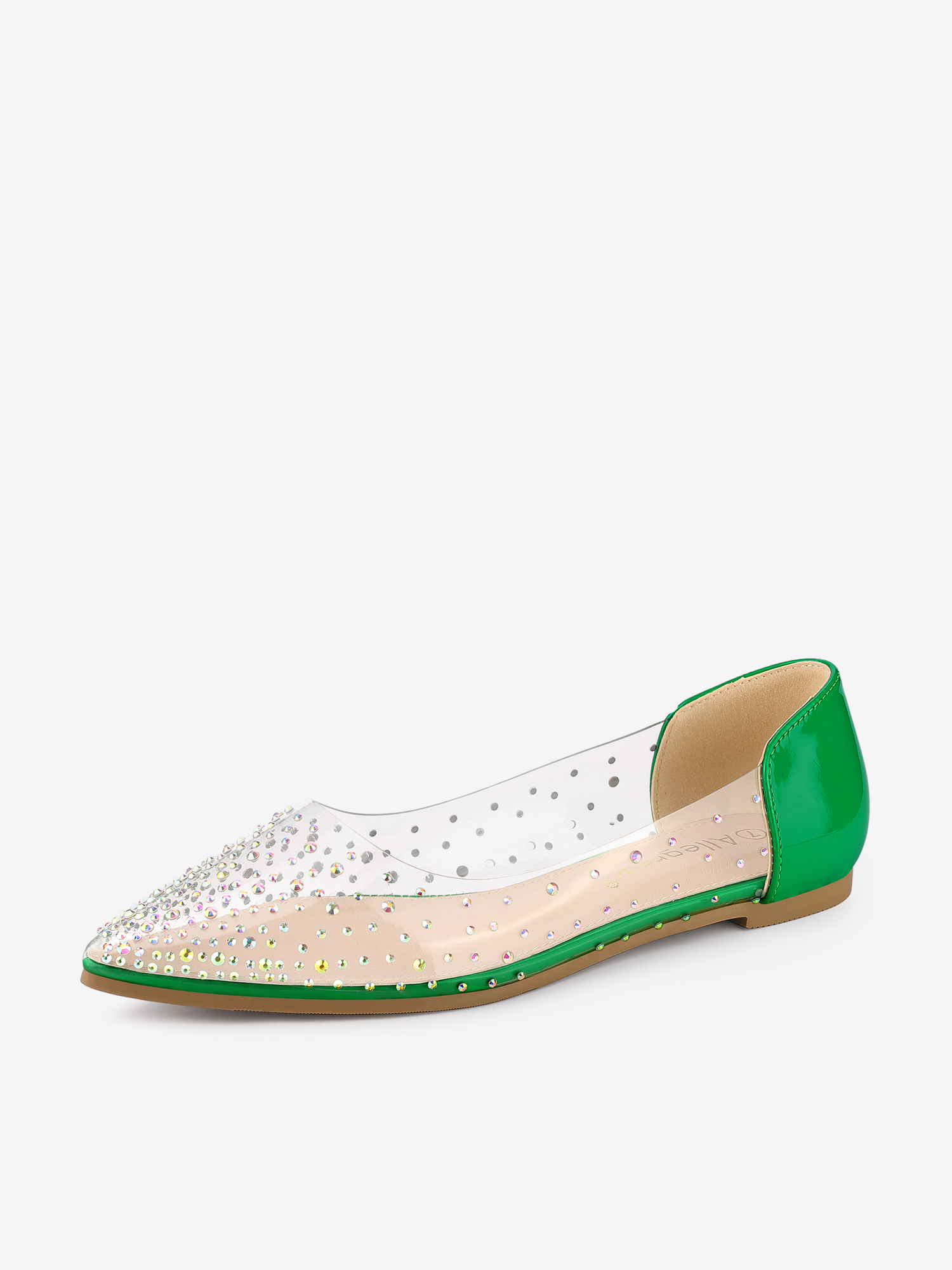 Women's Pointed Toe Clear Rhinestone Ballet Flats Green/6