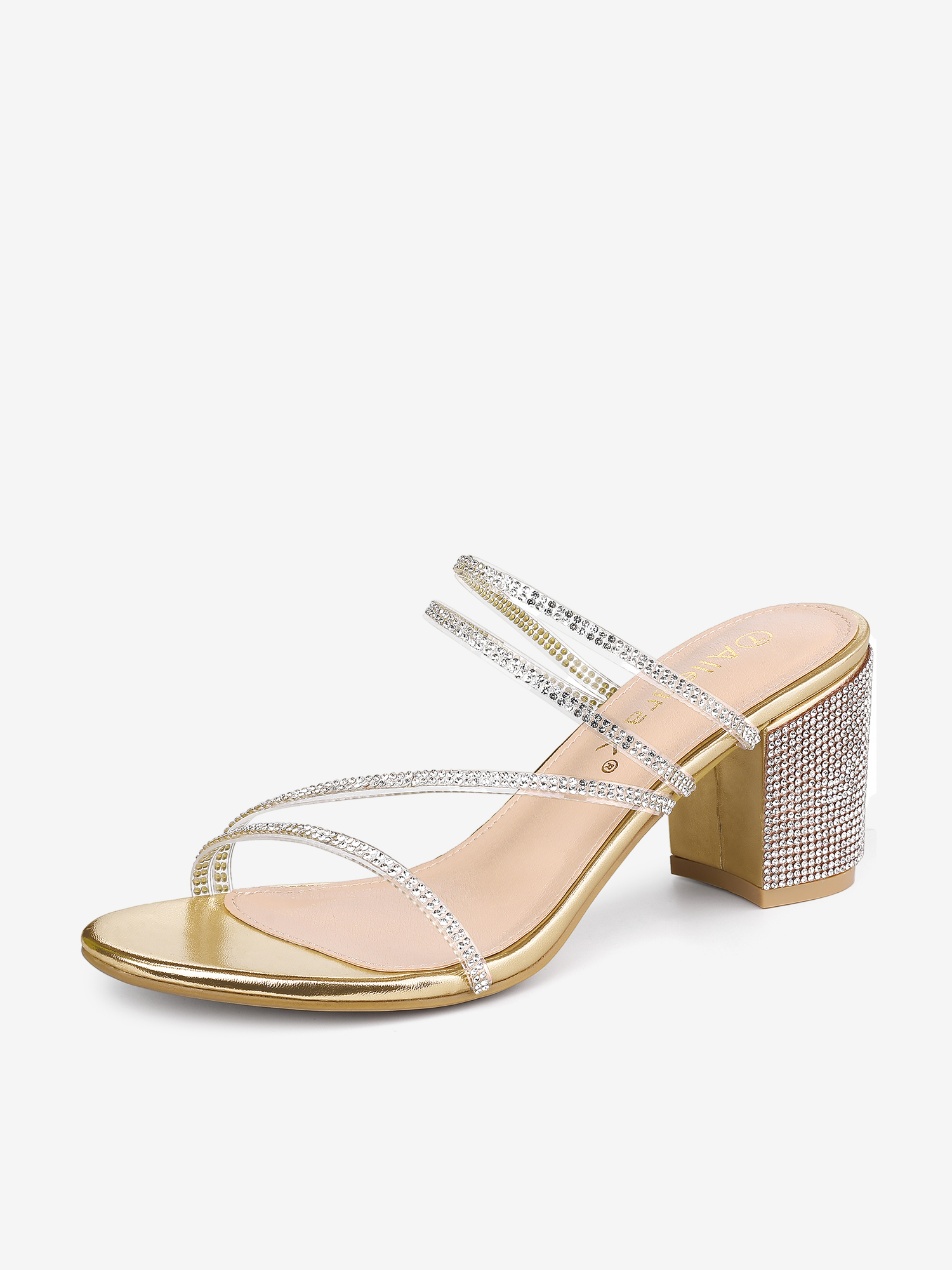 Strappy Rhinestone Block Heel Slide Sandals Gold/5