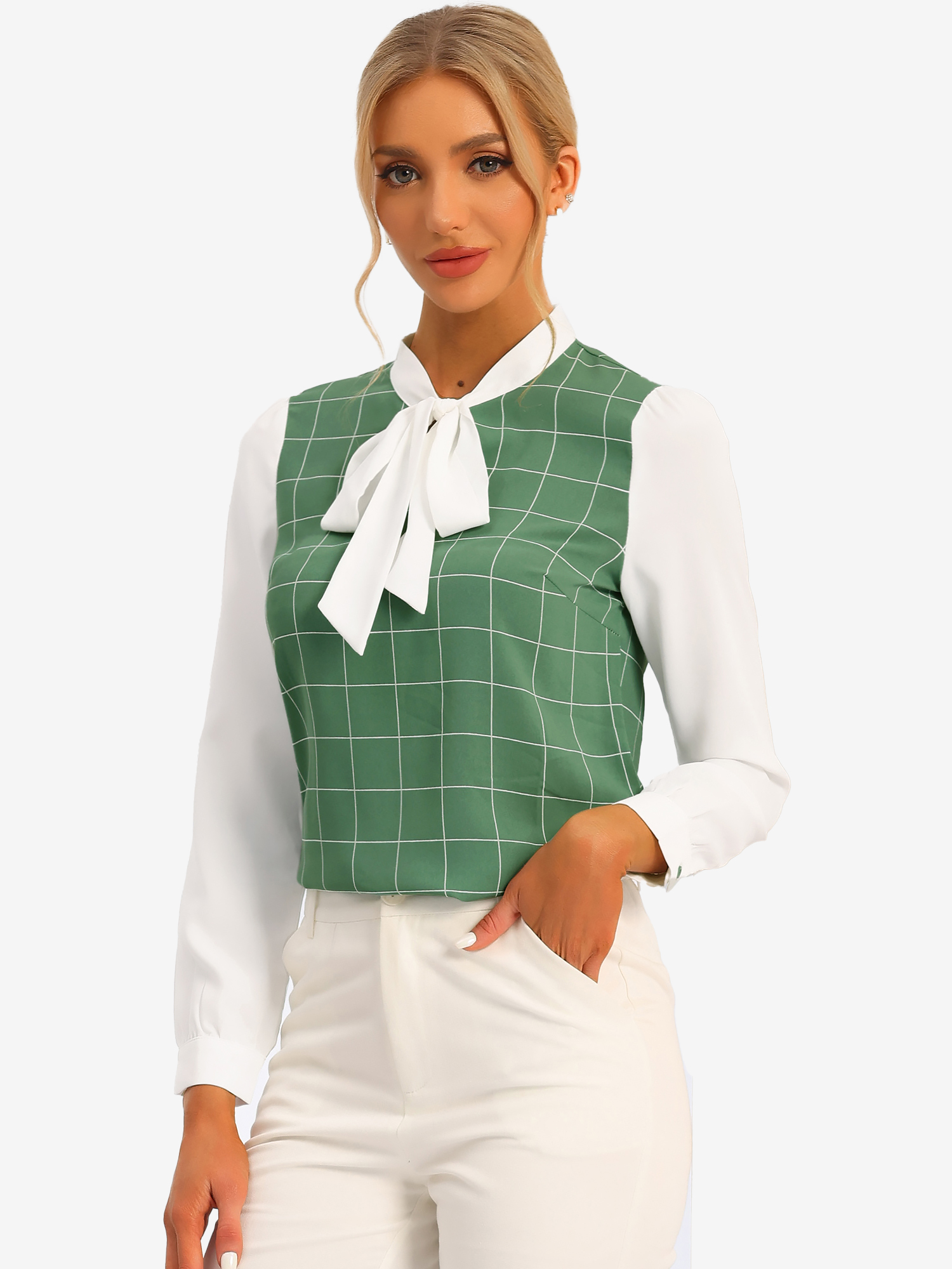 Work Plaid Contrast Color Bow Tie Neck Long Sleeve Blouse Light Green/M