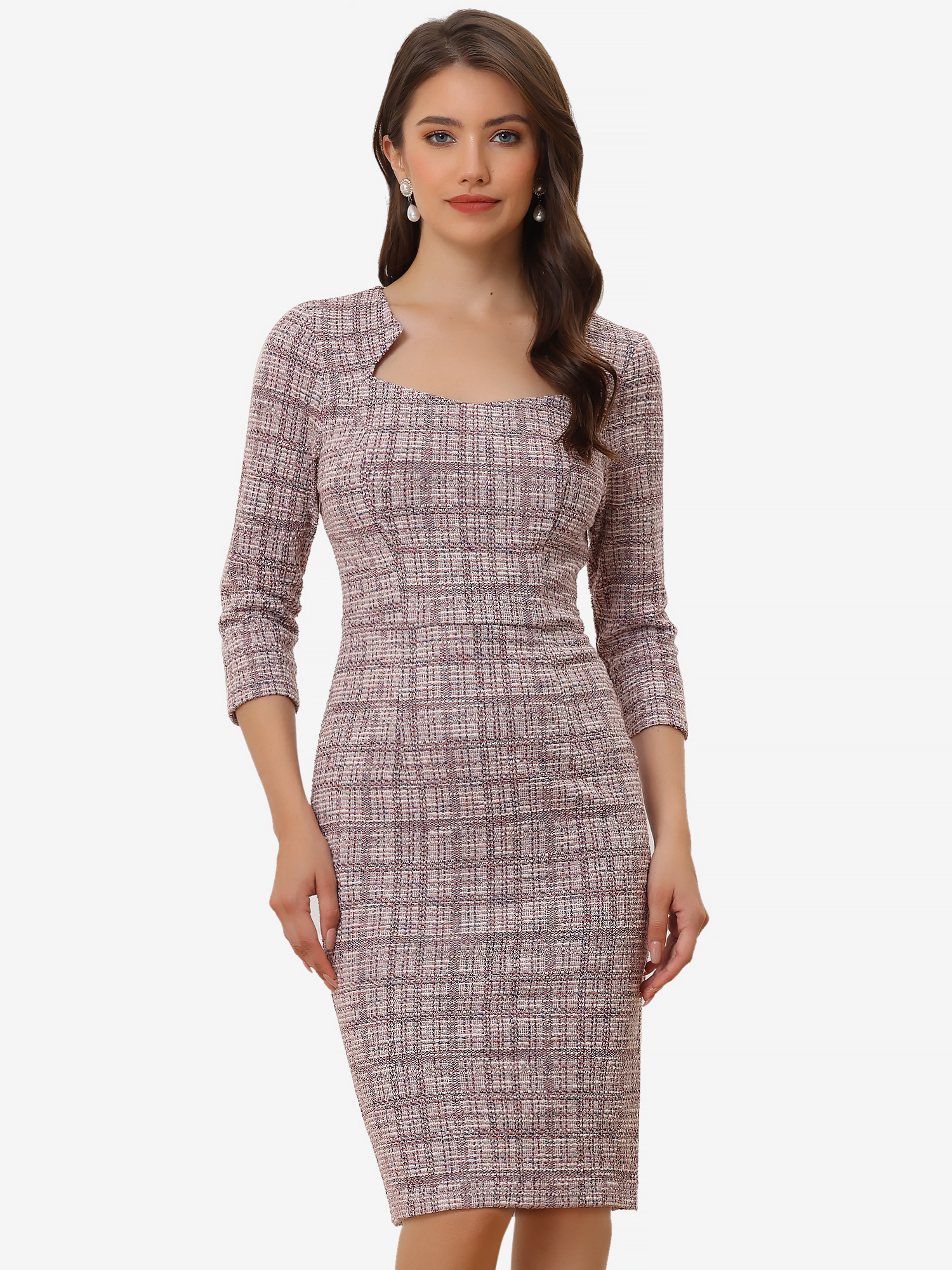 Elegant Square Neck 3/4 Sleeve Plaid Tweed Sheath Dress Pink/XS
