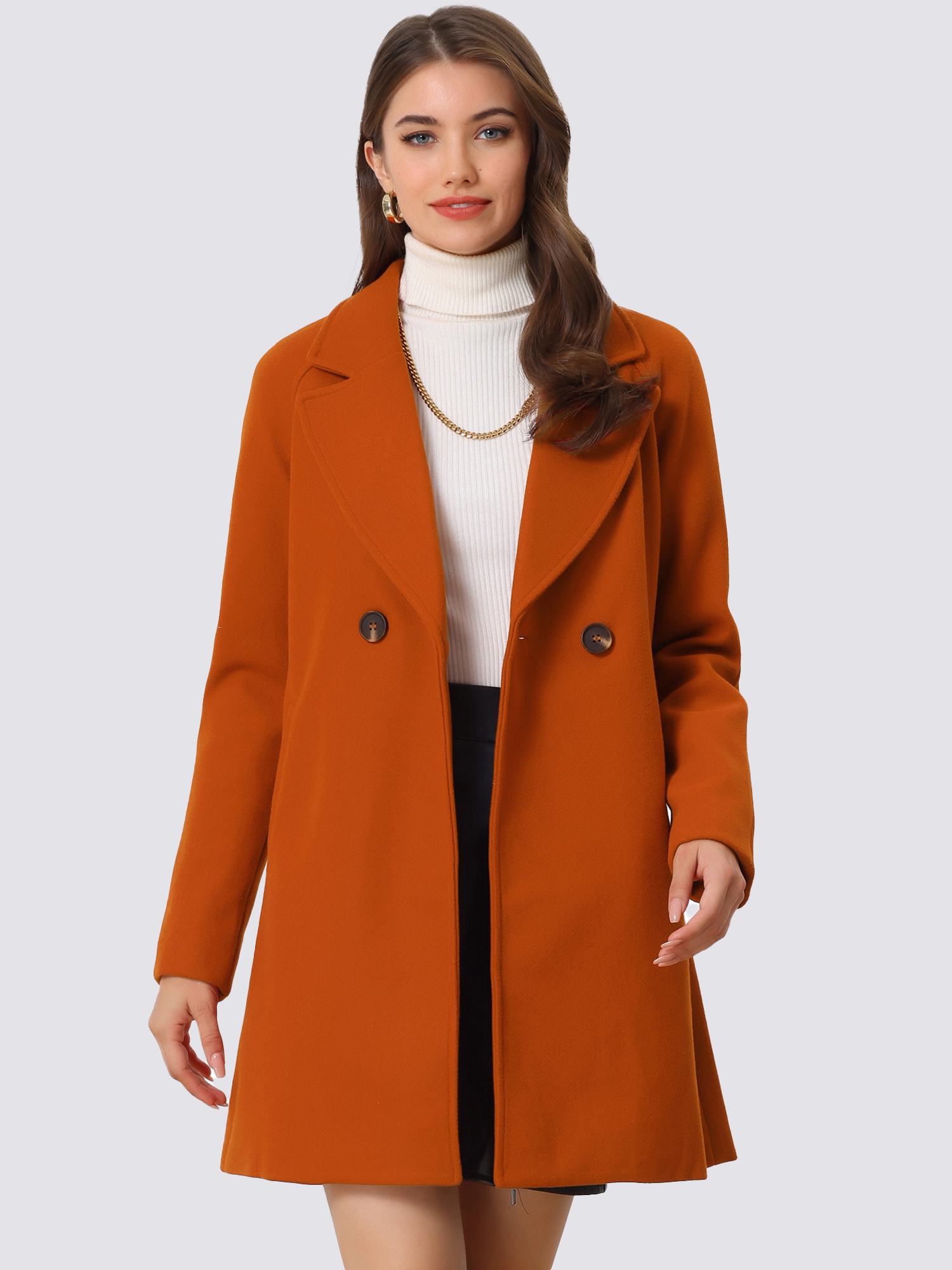 Notched Lapel Raglan Double Breasted Winter Coat Dark Orange/S