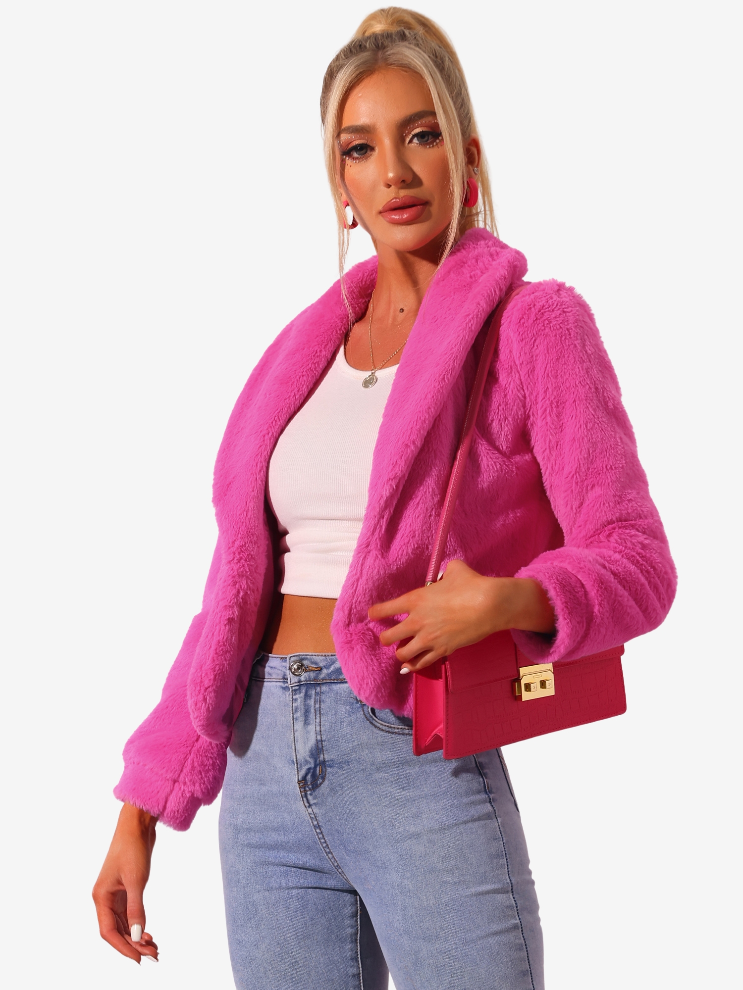 Winter Cropped Jacket Lapel Long Sleeve Faux Fur Fluffy Coat Hot Pink/S