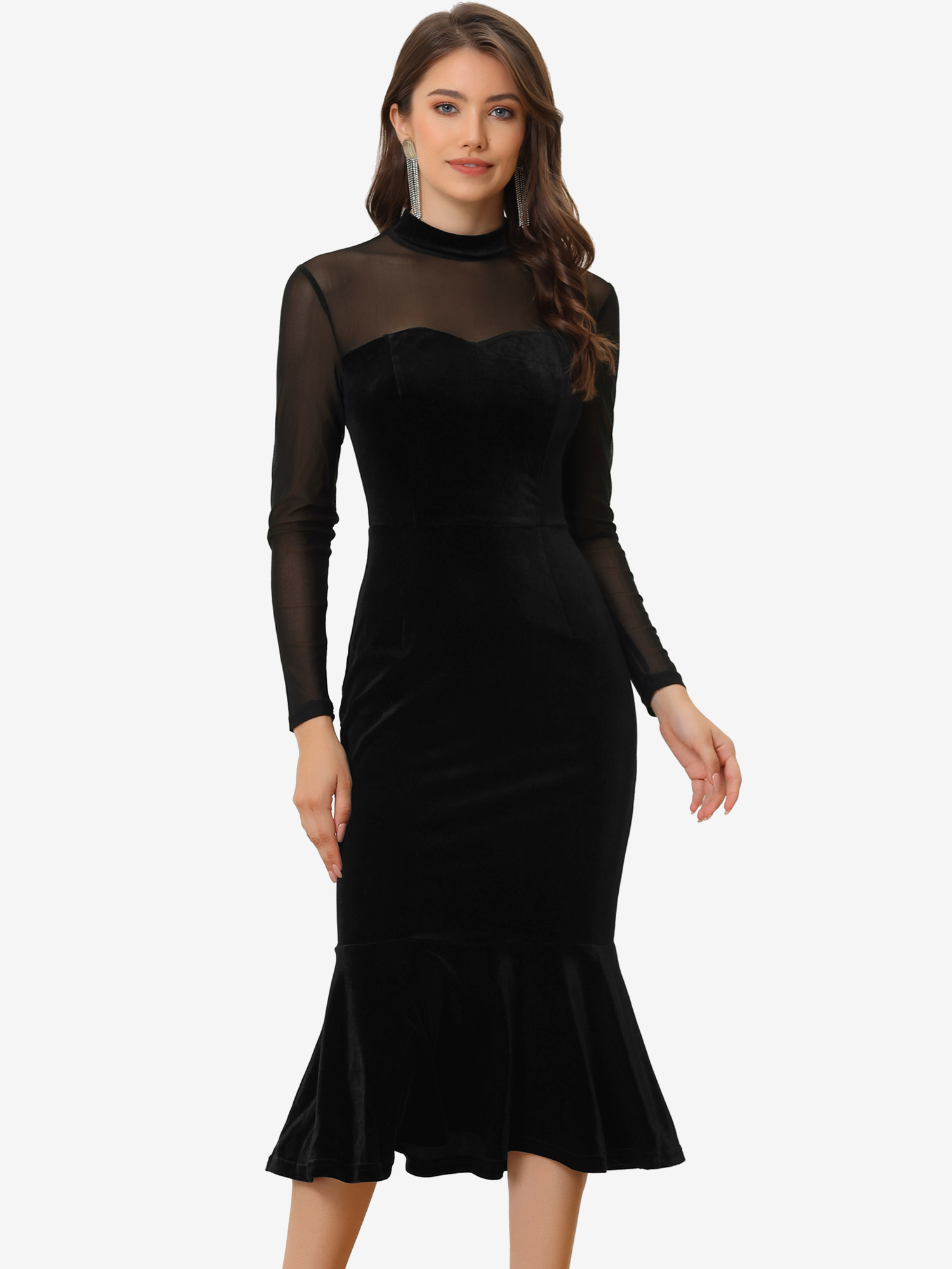 Bodycon Elegant Velvet Sheer Mesh Mock Neck Midi Cocktail Dress Black/S