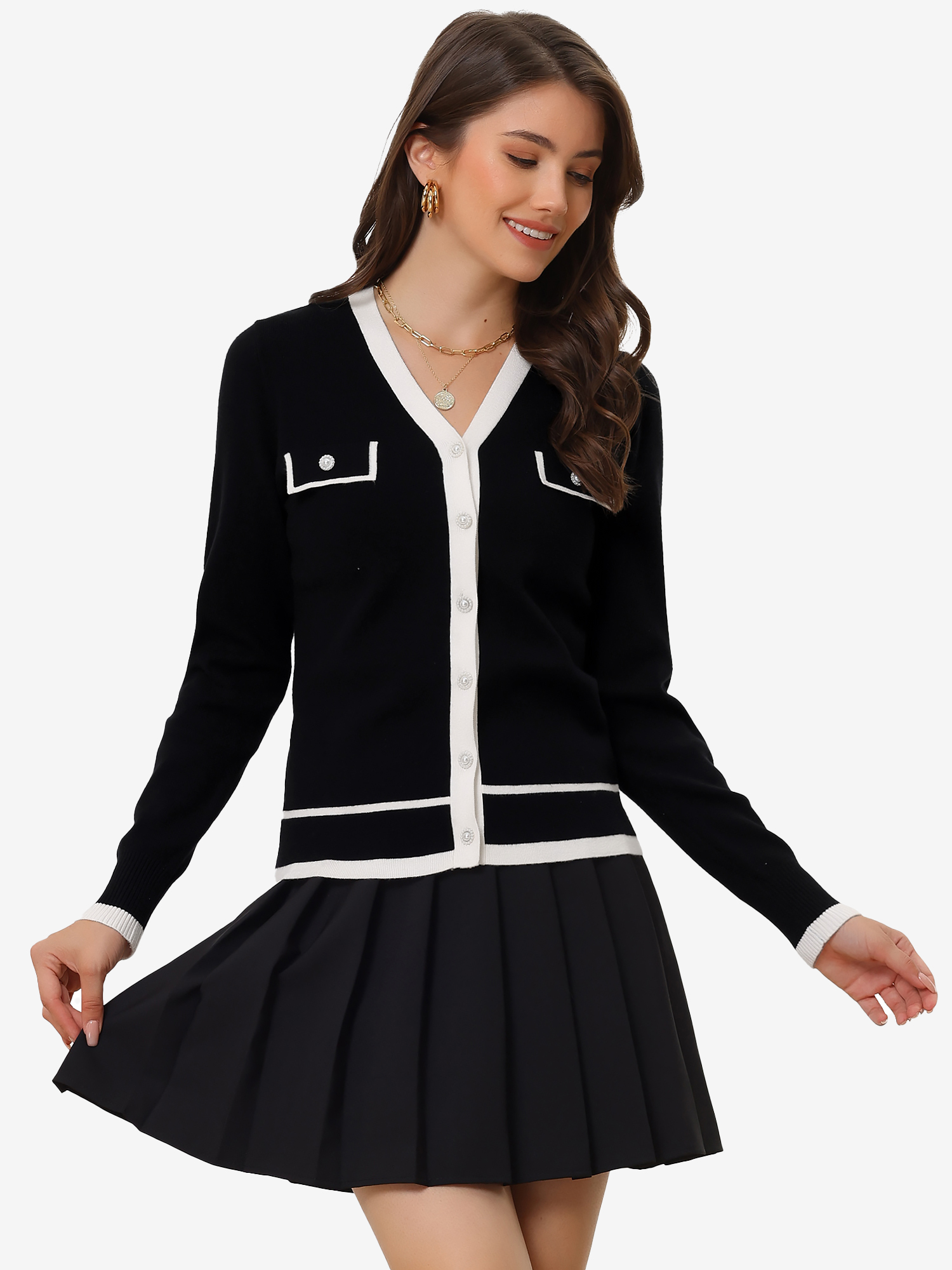Long Sleeve Button Down Classic V Neck Sweater Knit Cardigan Black/M