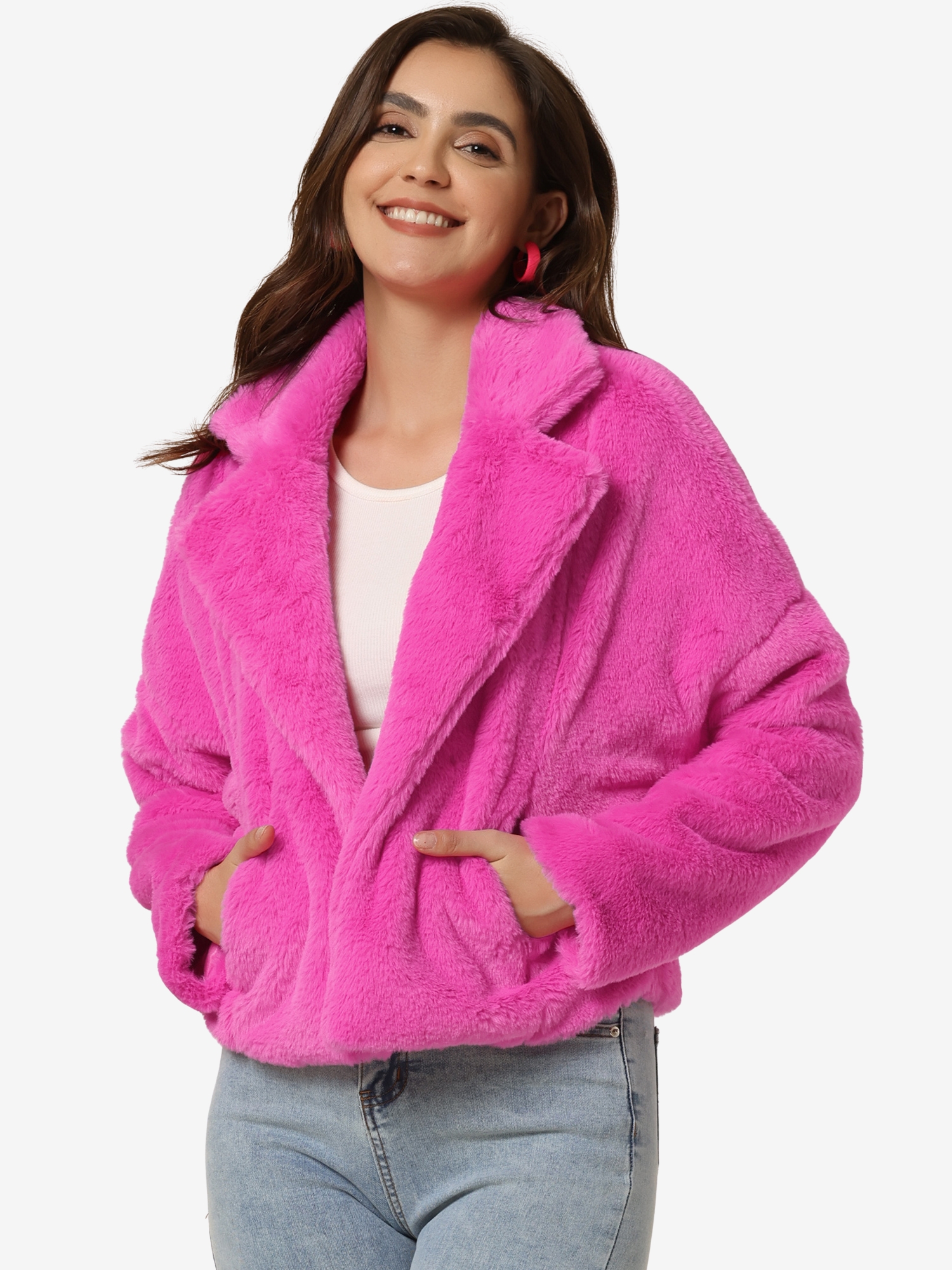 Allegra K Cropped Jacket Notch Lapel Faux Fur Fluffy Coat Hot Pink/S