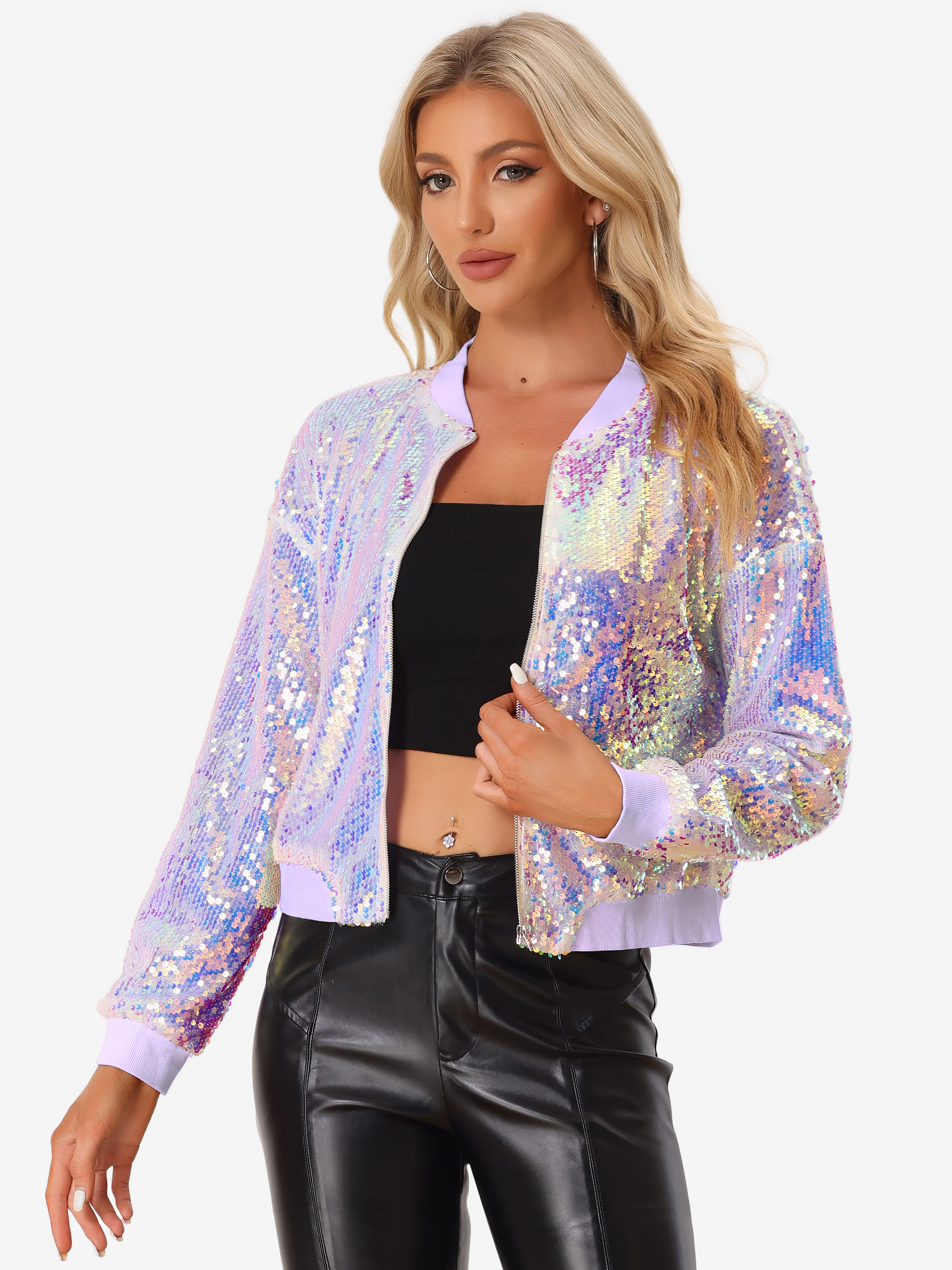 Sequin Sparkle Party Long Sleeve Zipper Bomber Jacket Pink Purple/L