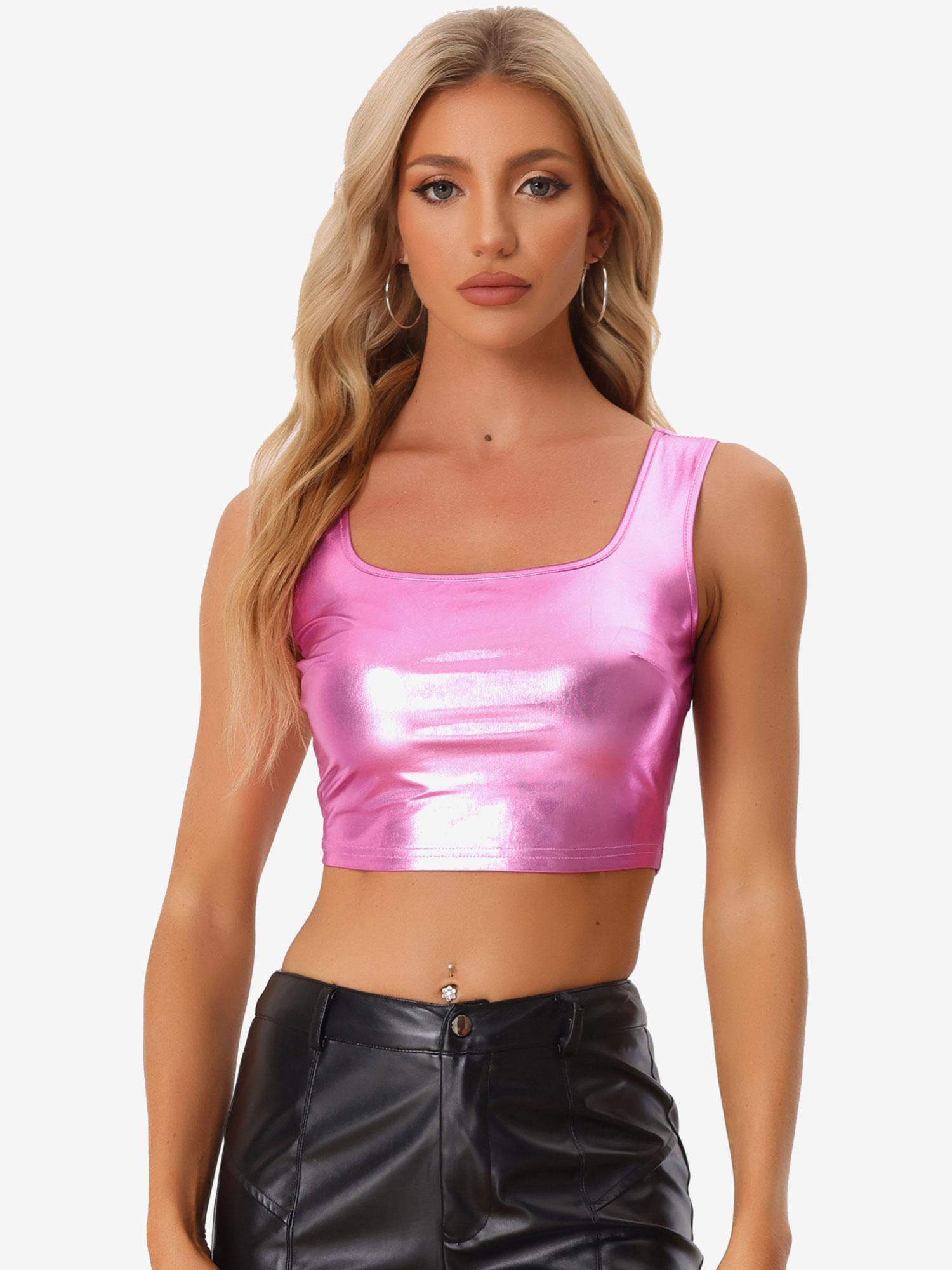 Sleeveless U Neck Party Holographic Shiny Metallic Crop Top Pink/XL