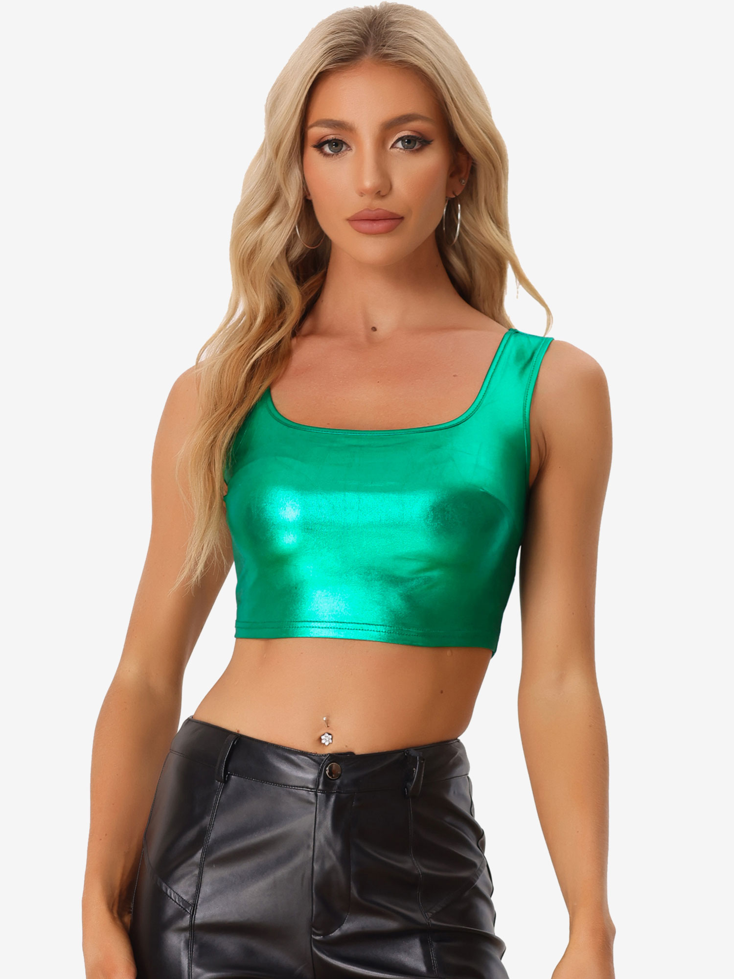 Sleeveless U Neck Party Holographic Shiny Metallic Crop Top Green/XL