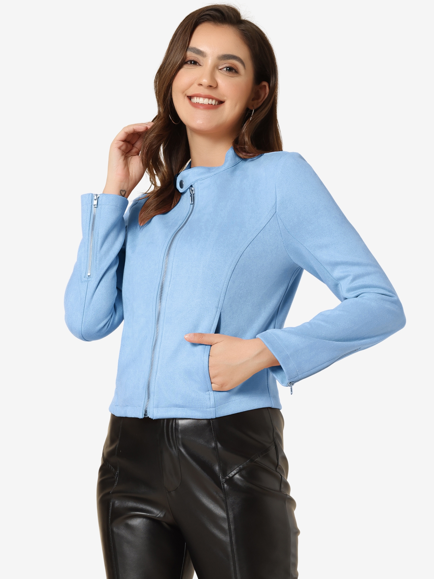 Faux Suede Stand Collar Zip Up Long Sleeve Motorcycle Jacket Light Blue/M