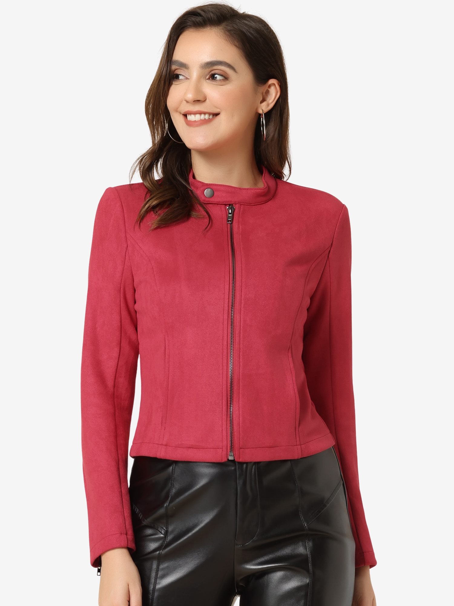 Faux Suede Stand Collar Zip Up Long Sleeve Motorcycle Jacket Red/M
