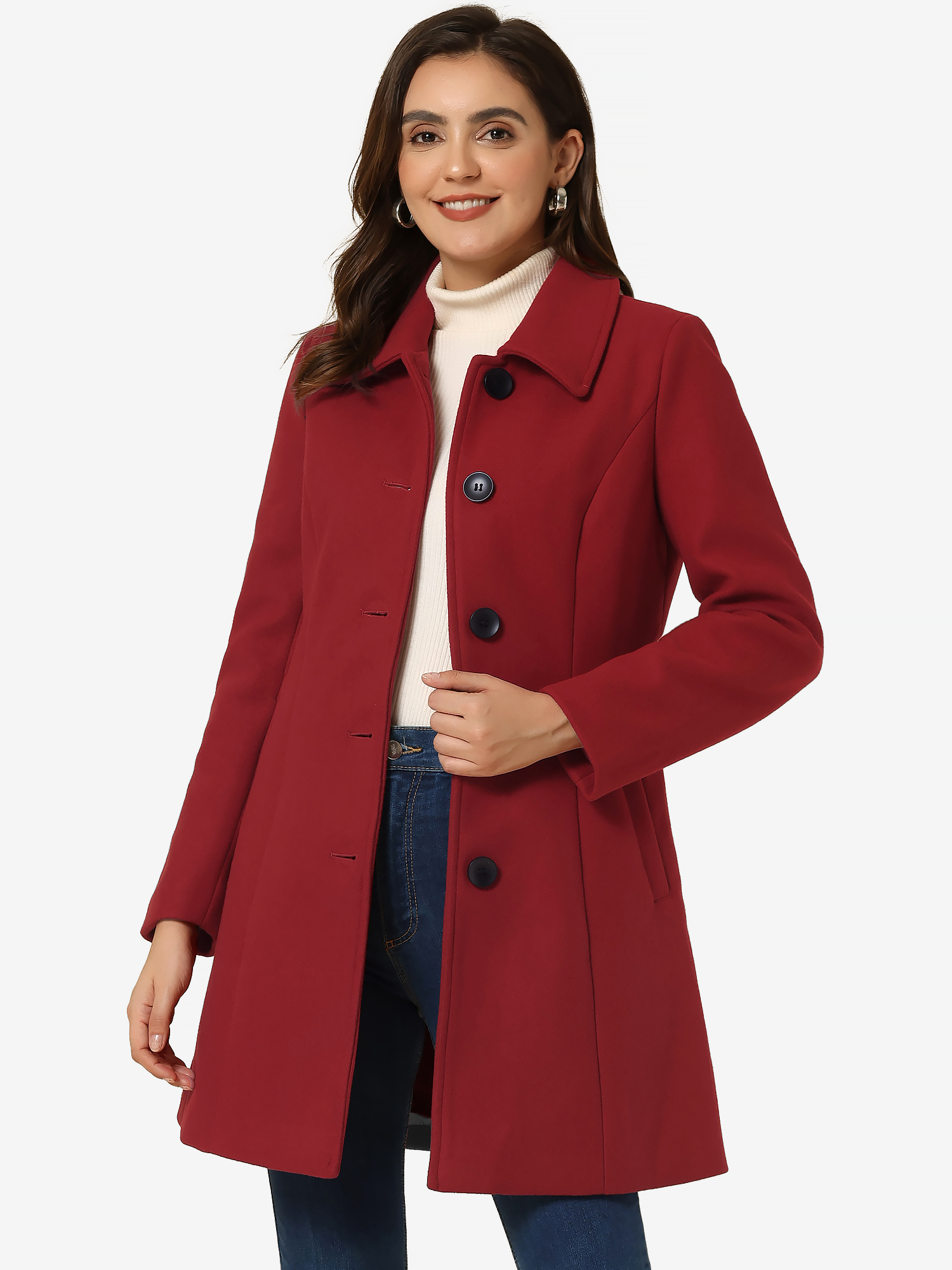 Solid Winter Single Breasted Long Warm Pocketed Pea Coat Dark Red/L
