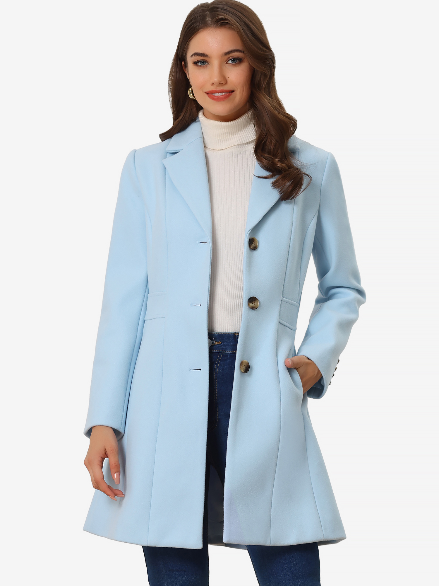 Single Breasted Notched Lapel Outerwear Winter Coats Light Blue/L