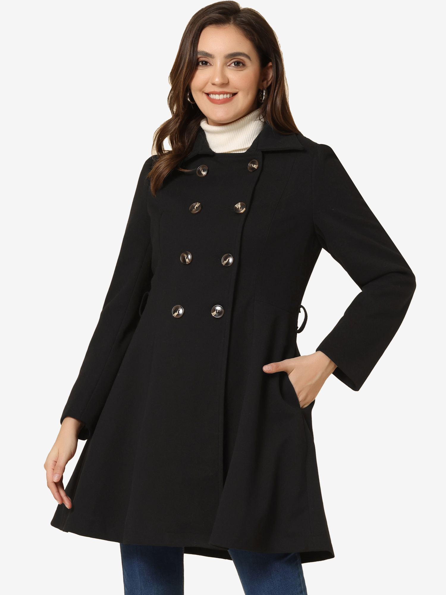 Winter Overcoat Turn Down Collar Belted Double Breasted Long Coat Black/XL