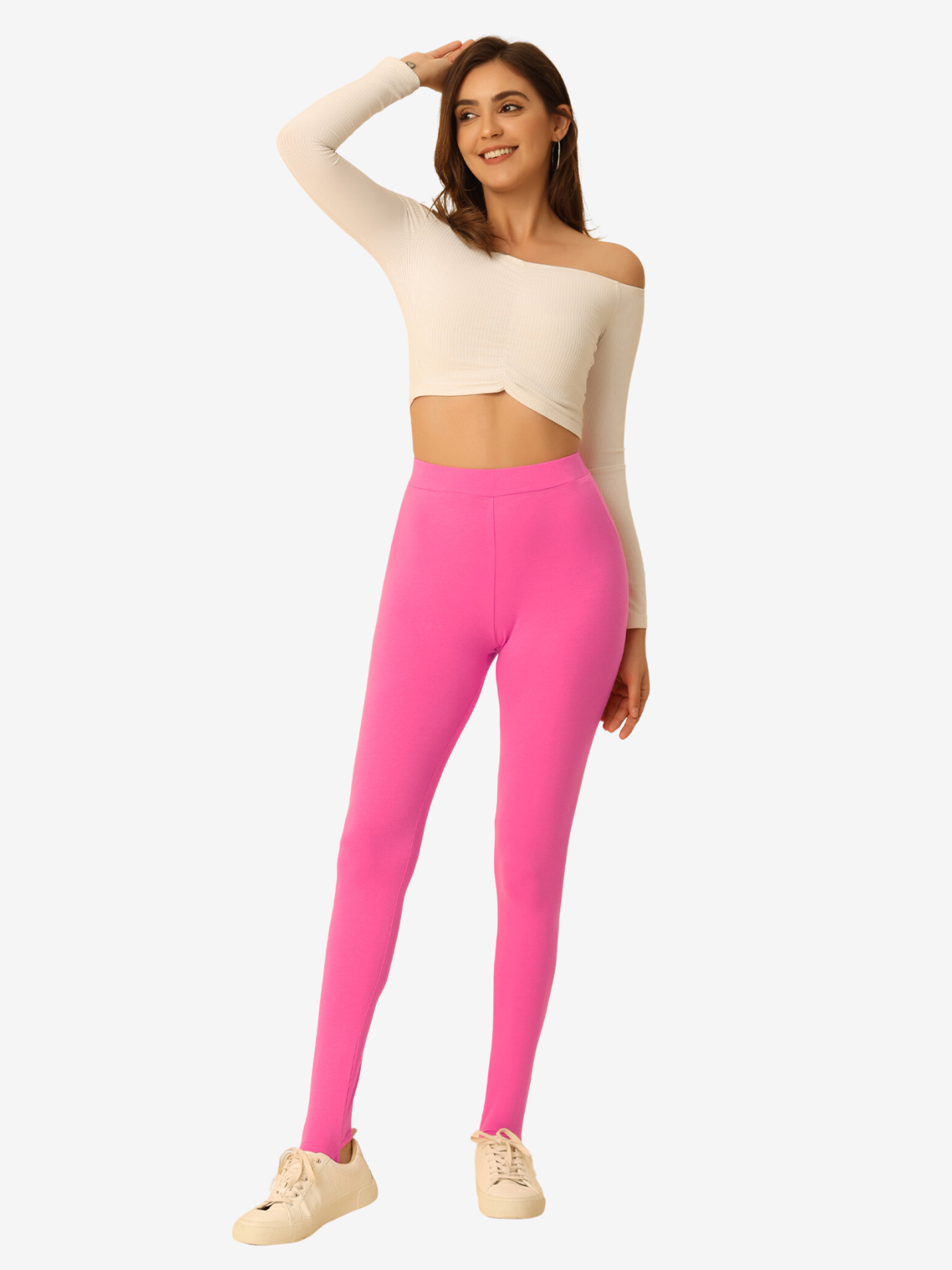 Elastic Waistband Gym Yoga Soft Cotton Stirrup Leggings Hot Pink/XS