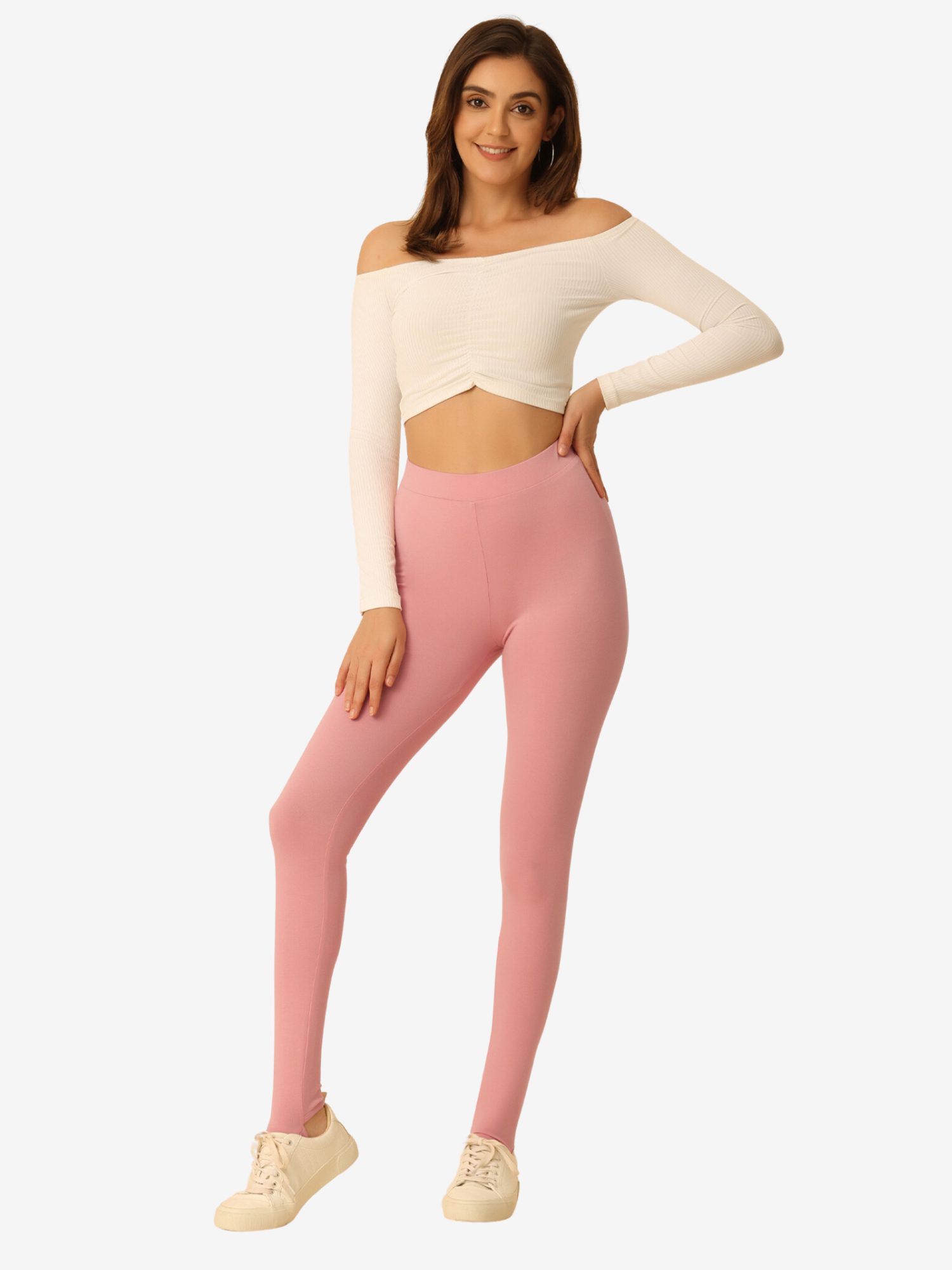 Elastic Waistband Gym Yoga Soft Cotton Stirrup Leggings Light Pink/XS