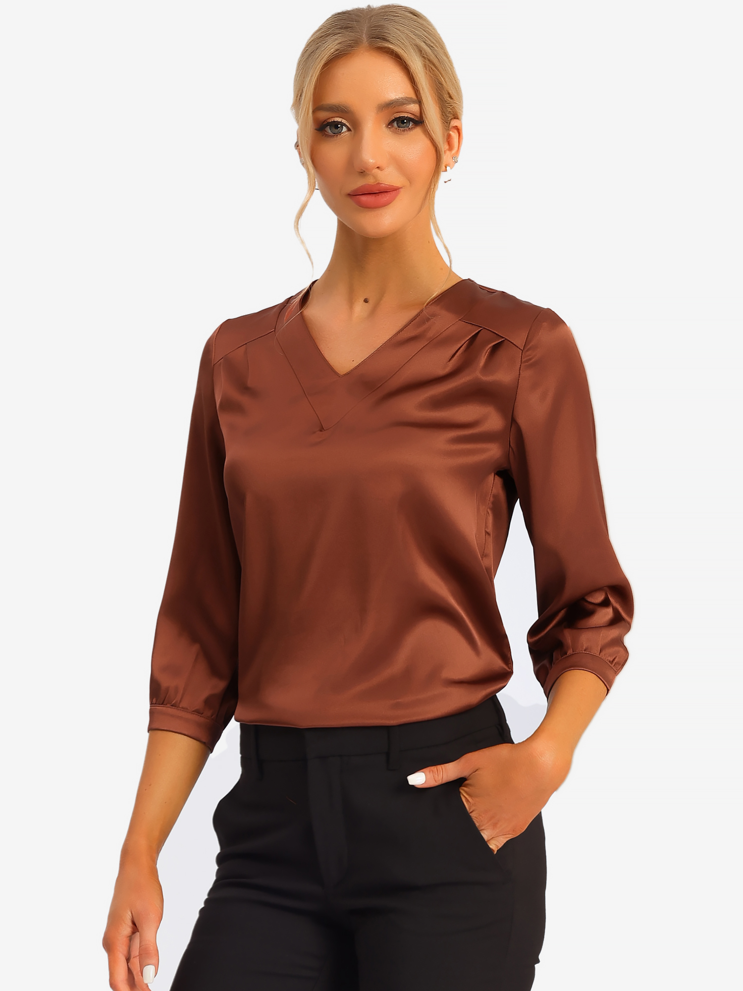 Casual Office Blouse 3/4 Sleeve V Neck Satin Shirt Brown/M