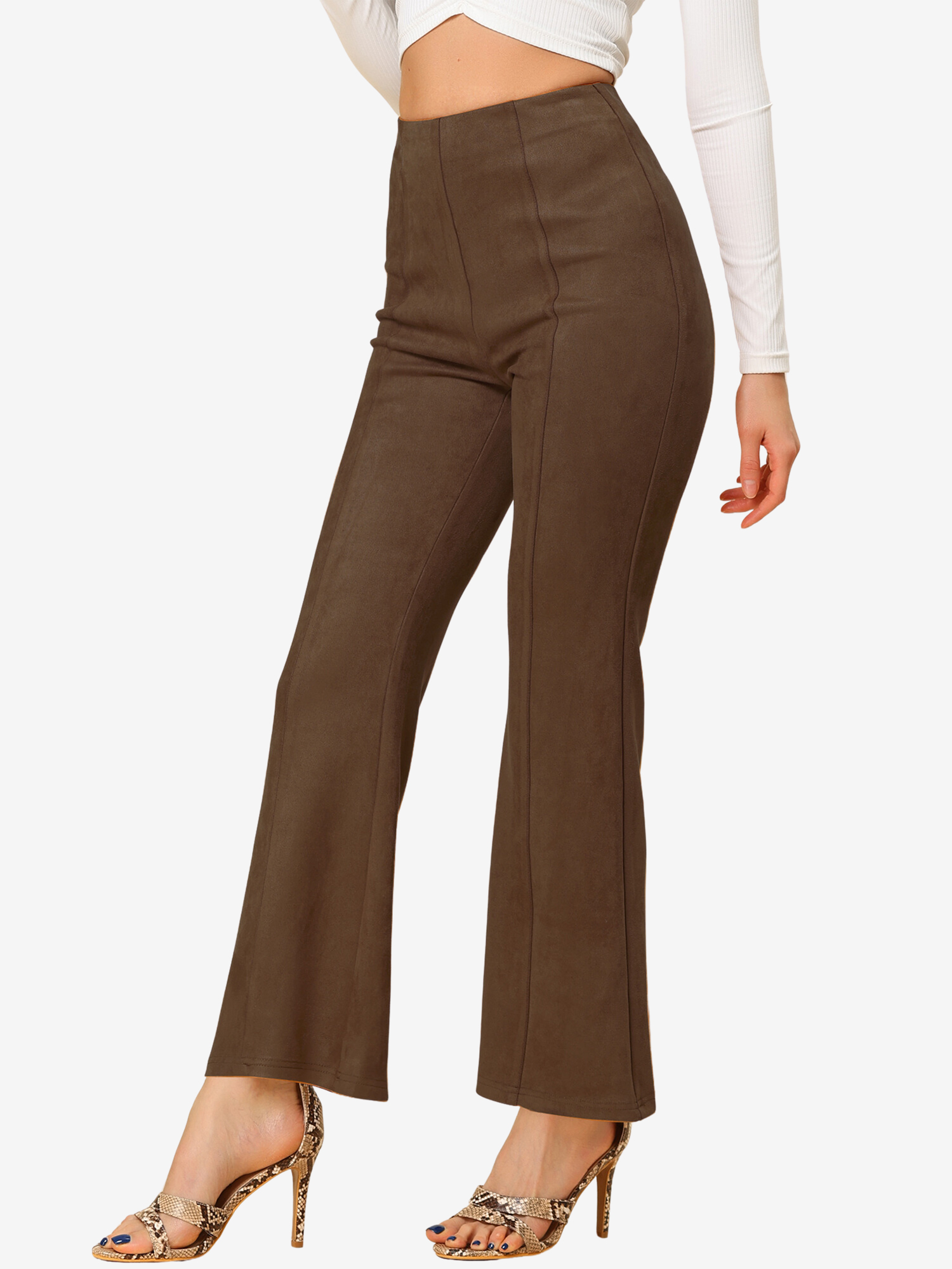 Faux Suede Wide Leg Casual Business Flared Bell Pants Dark Brown/XL