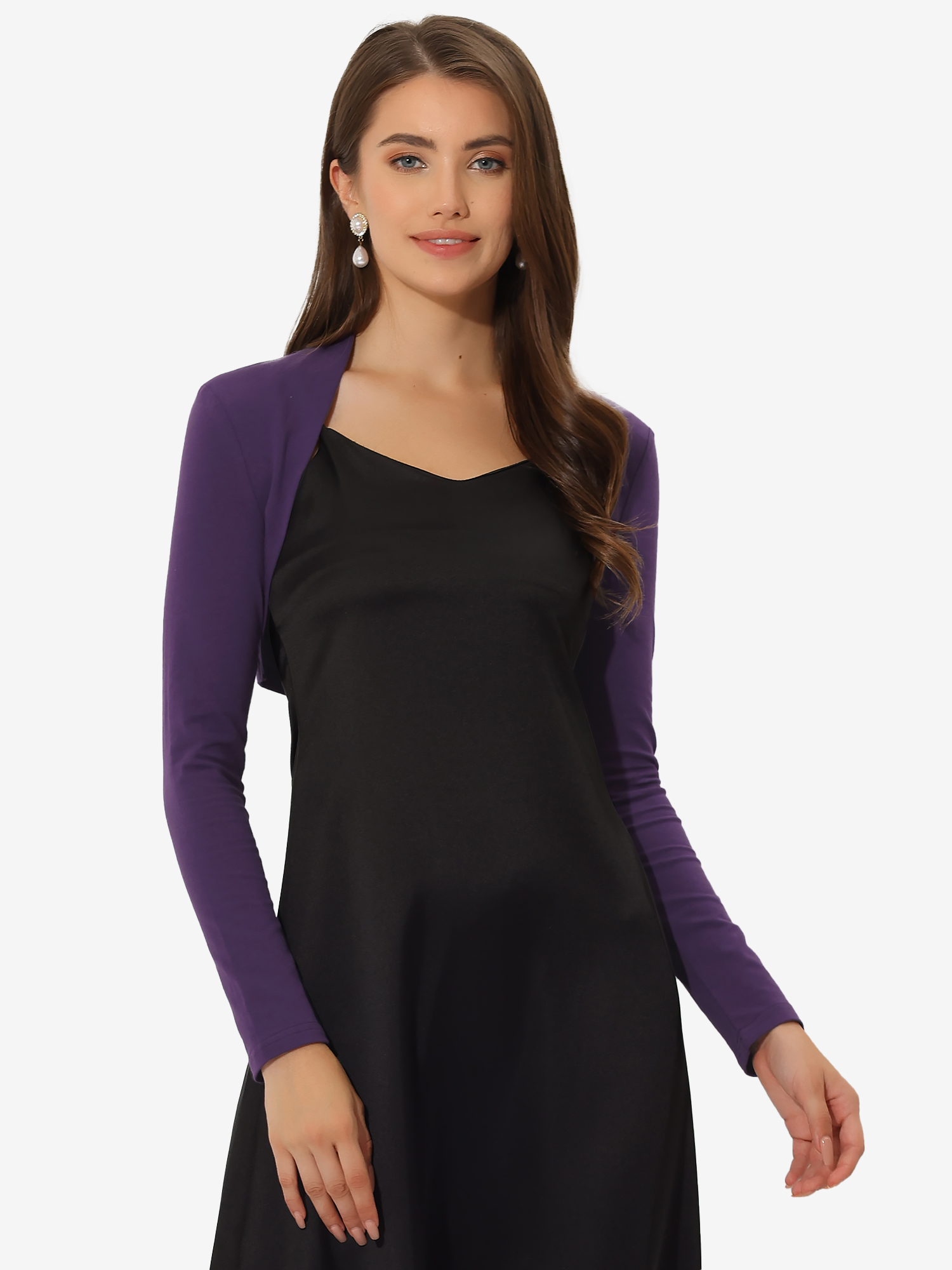Elegant Long Sleeve Knit Open Front Cropped Bolero Shrug Purple/M