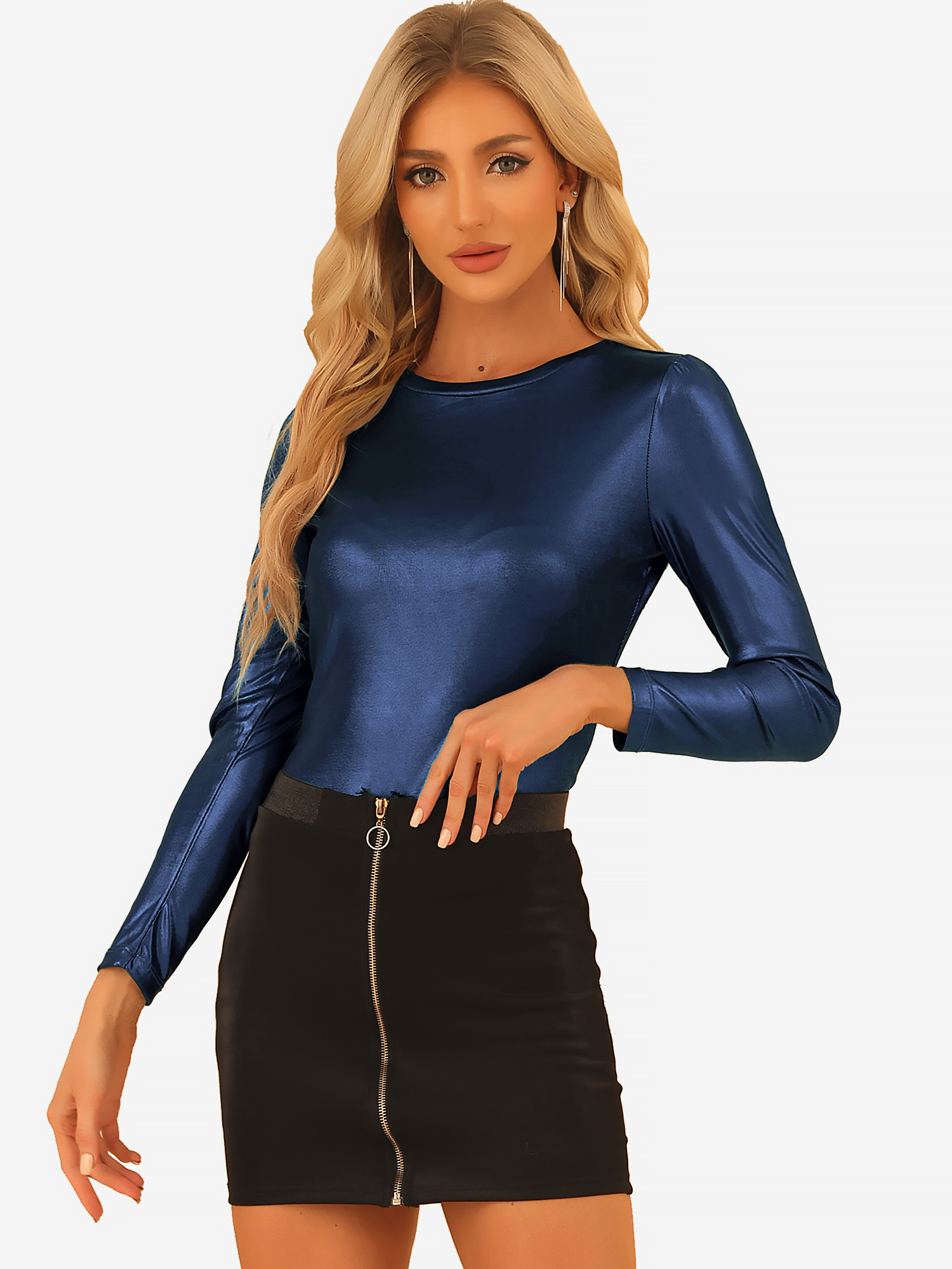 Metallic Glitter Shiny Long Sleeve Sparkly Party Blouse Navy Blue/M