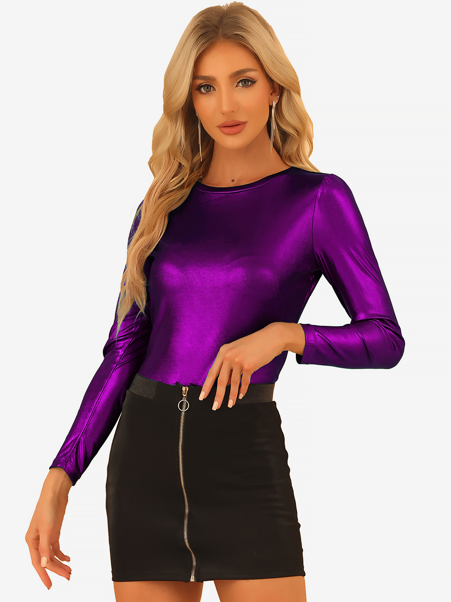 Long Sleeve Sparkly Party Glitter Shiny Metallic Blouse Purple/M