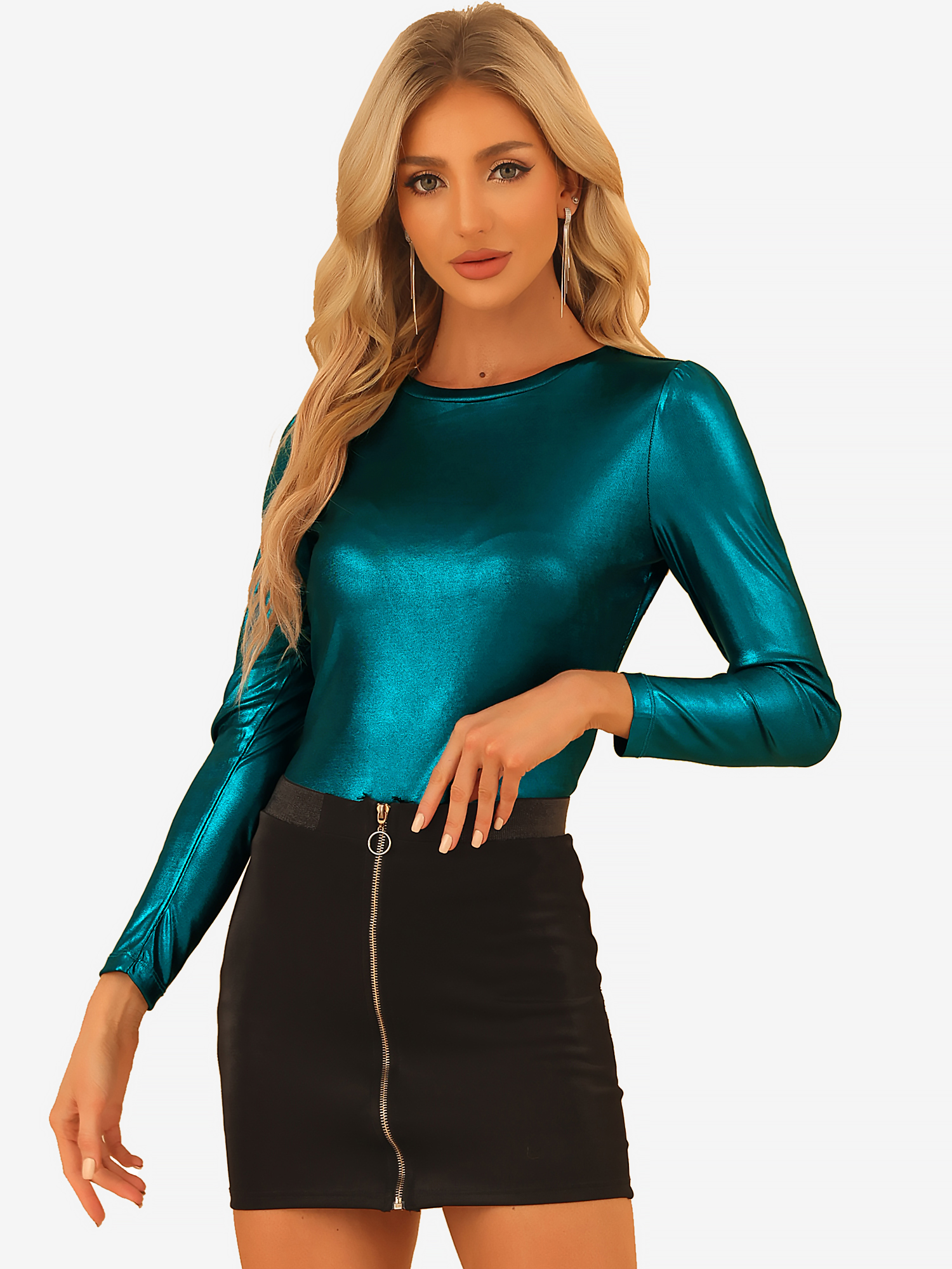 Long Sleeve Sparkly Party Glitter Shiny Metallic Blouse Blue/L