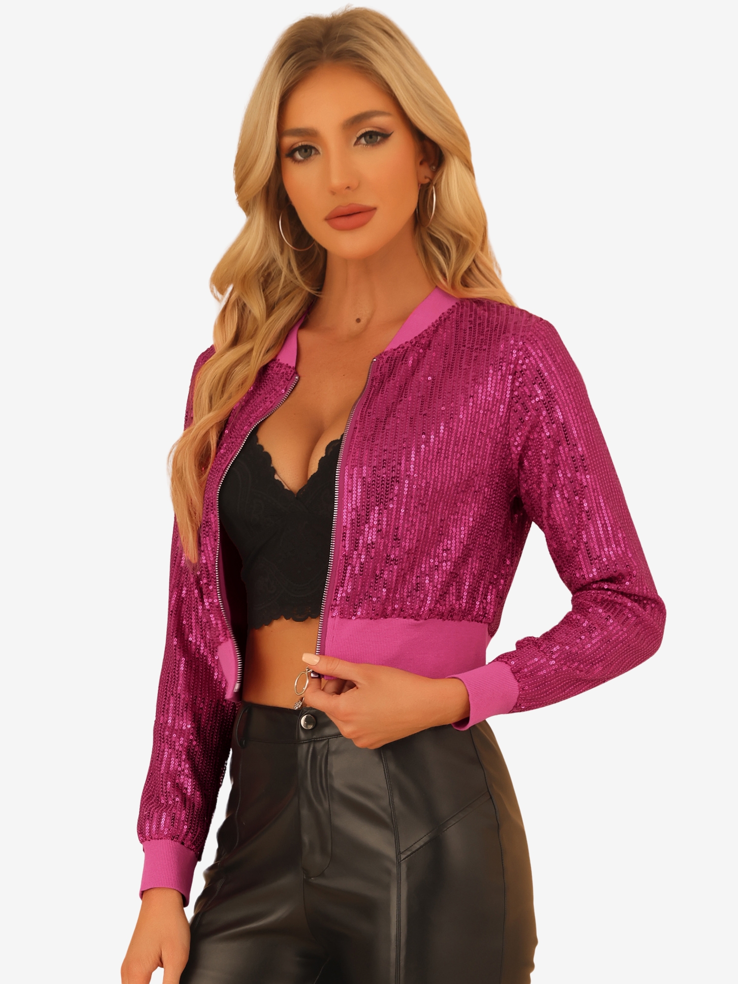 Sparkly Glitter Zipper Front Crop Sequin Bomber Jacket Hot Pink/M