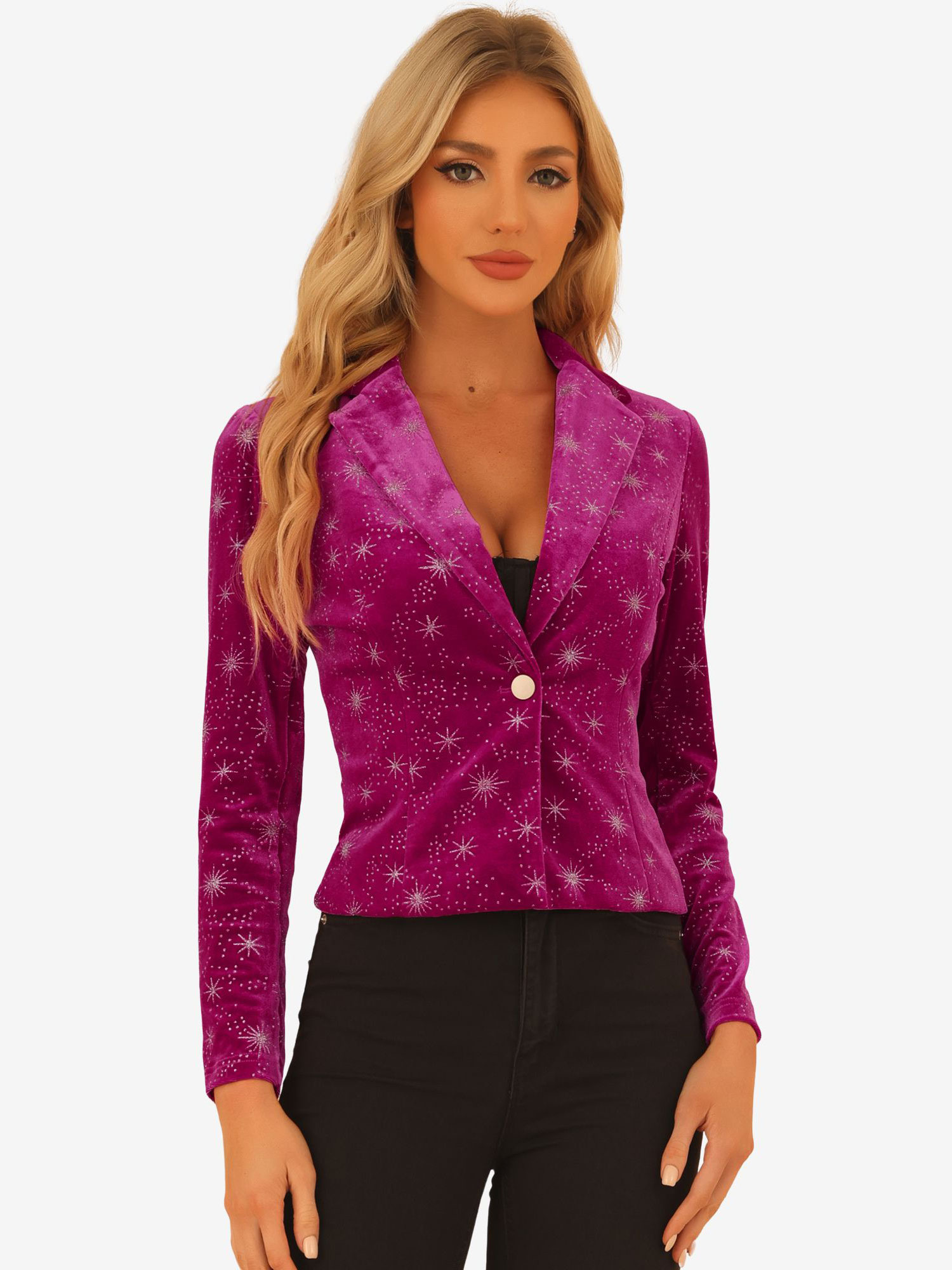 Metallic Star Single Button Velvet Lapel Crop Blazer Hot Pink-Star/L