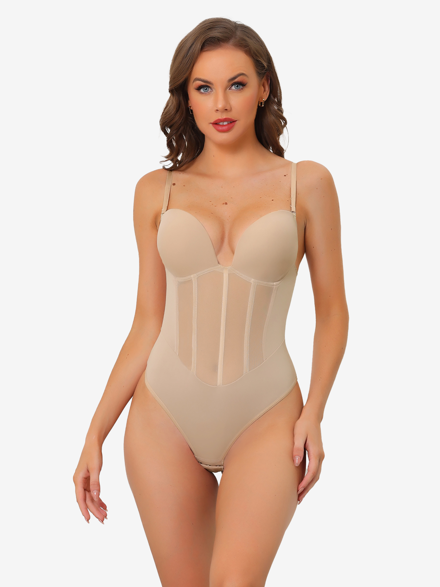 Mesh Panel Leotard Tummy Control Sculpting Body Shaper Shapewear Bodysuit Beige/L