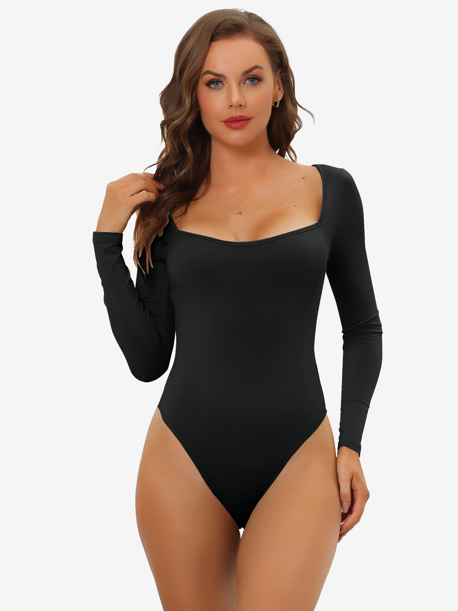Long Sleeve Shapewear Slim Fit Stretchy Square Neck Leotard Bodysuit Black/XL