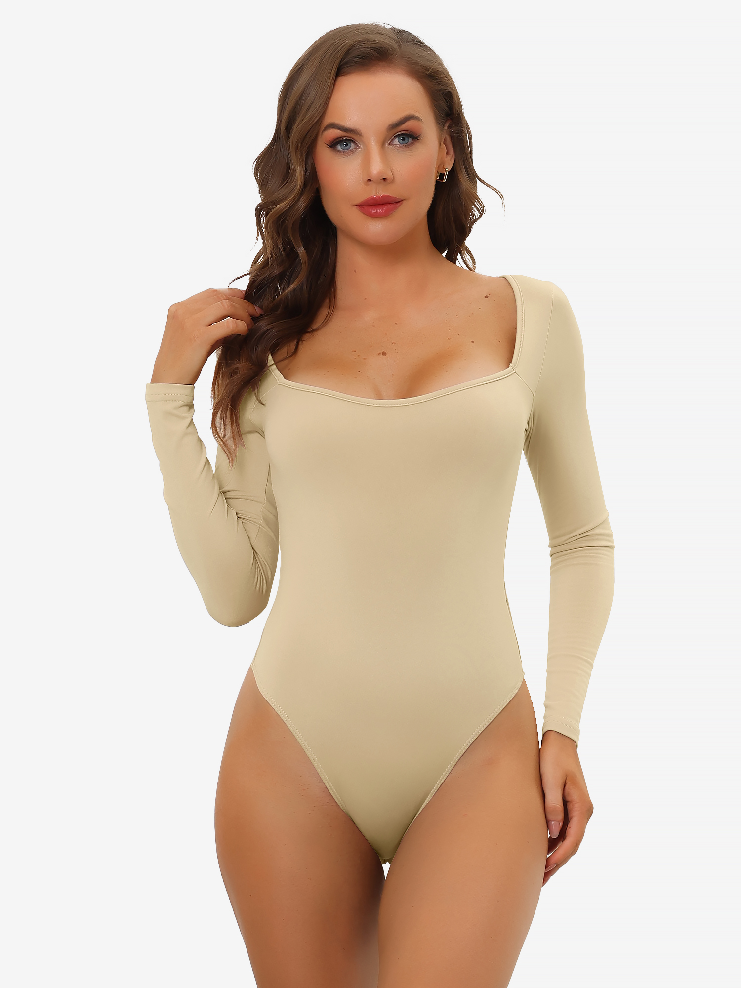 Long Sleeve Shapewear Slim Fit Stretchy Square Neck Leotard Bodysuit Khaki/M