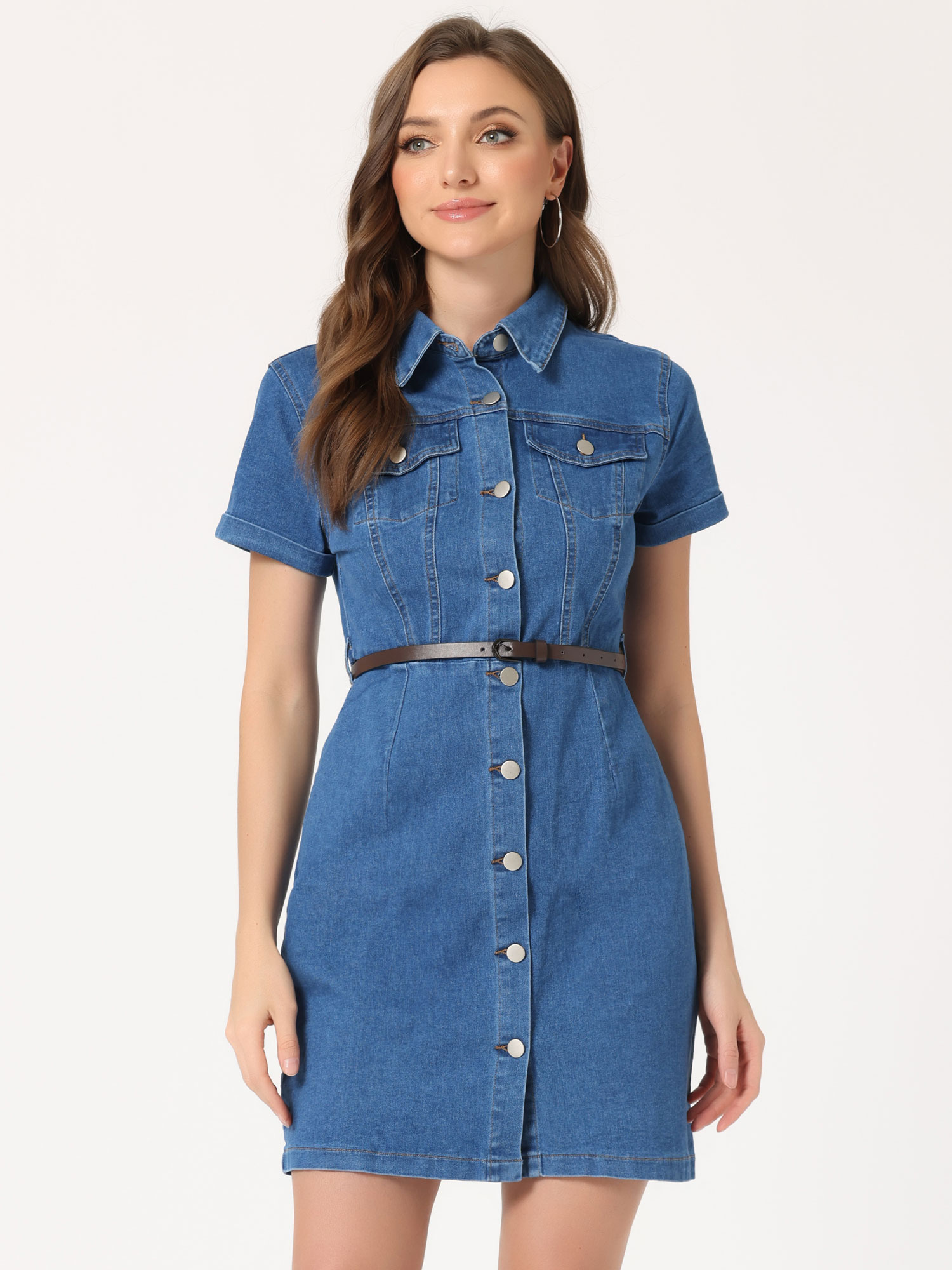 Denim Lapel Short Sleeve Belted Button Up Shirt Dress M-Blue/XS