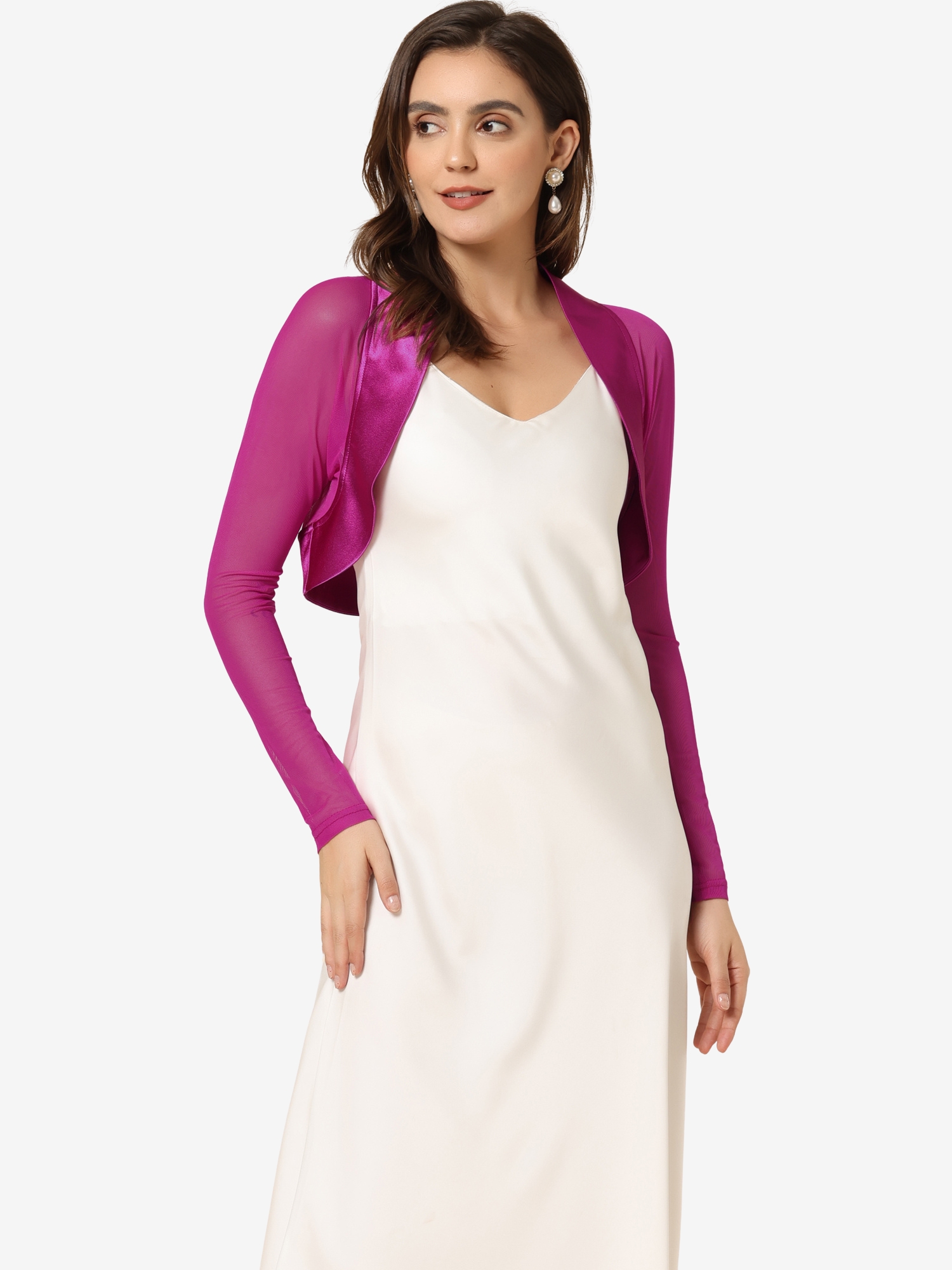 Satin Mesh Sheer Open Front Elegant Cropped Bolero Shrugs Fuchsia/XS