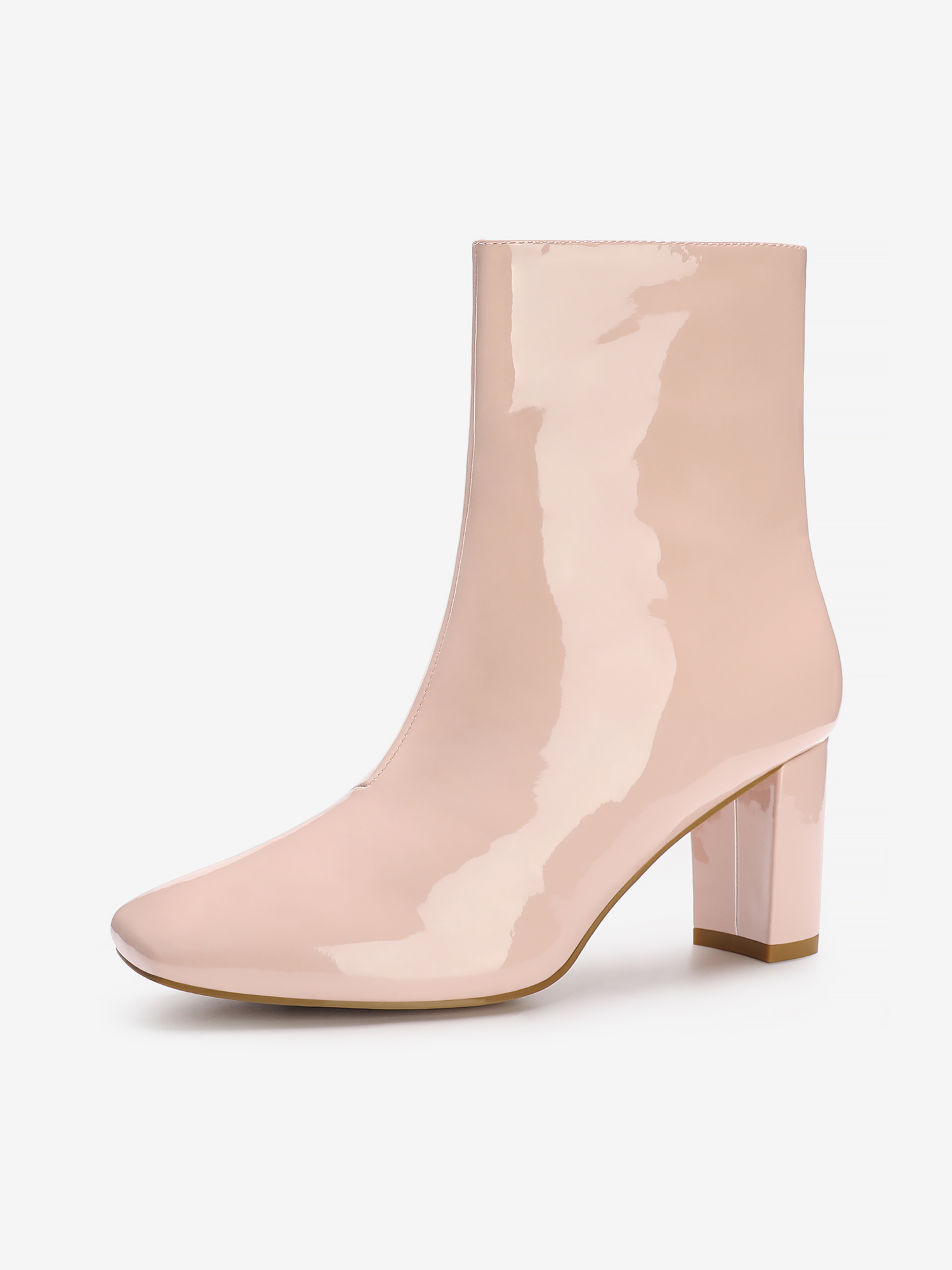 Square Toe Side Zip Chunky Heel Faux Leather Ankle Boots Nude/7