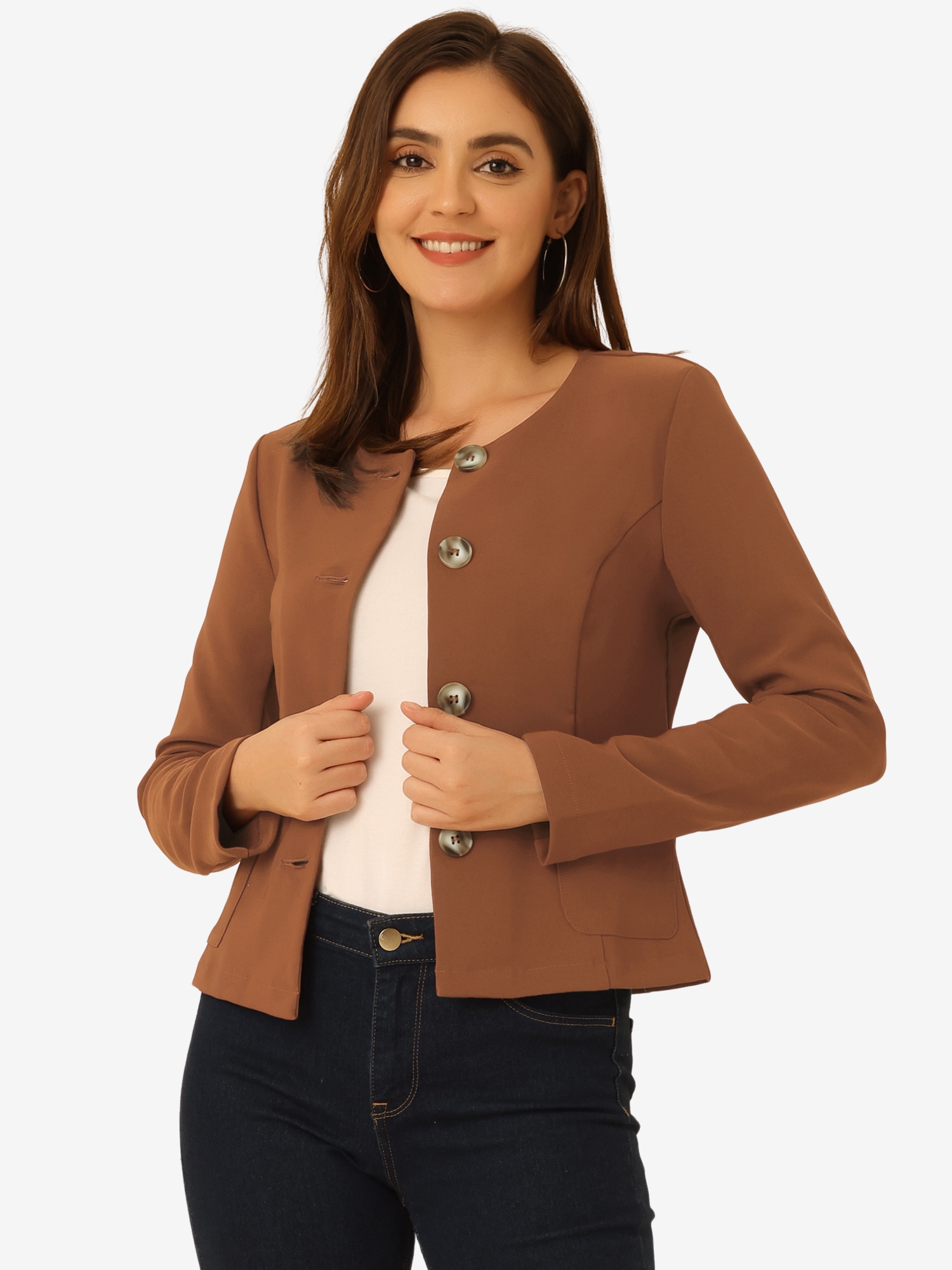 Fall Casual Jacket Elegant Button Front Work Office Blazer Brown/M