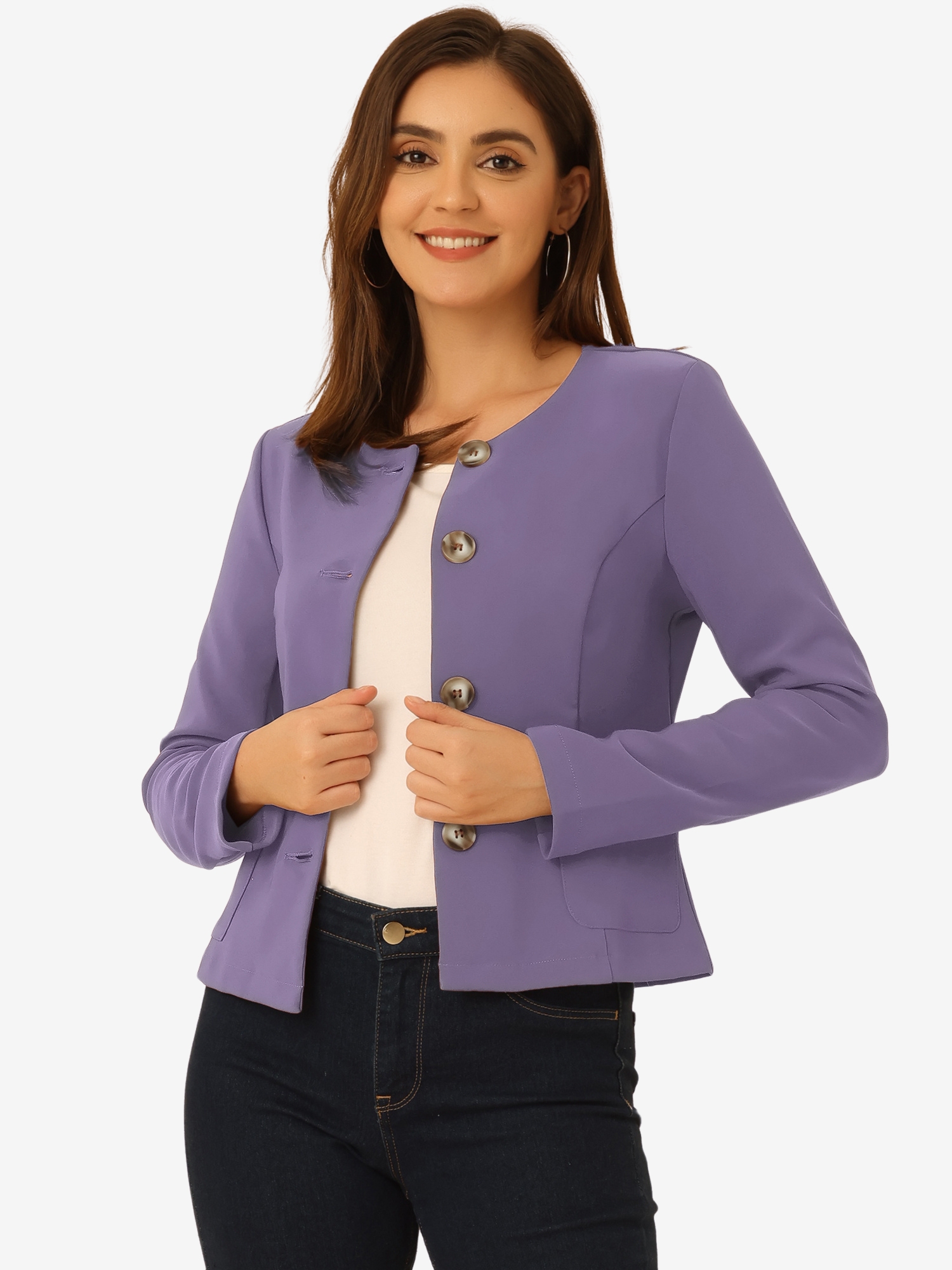 Fall Casual Jacket Elegant Button Front Work Office Blazer Purple/XS