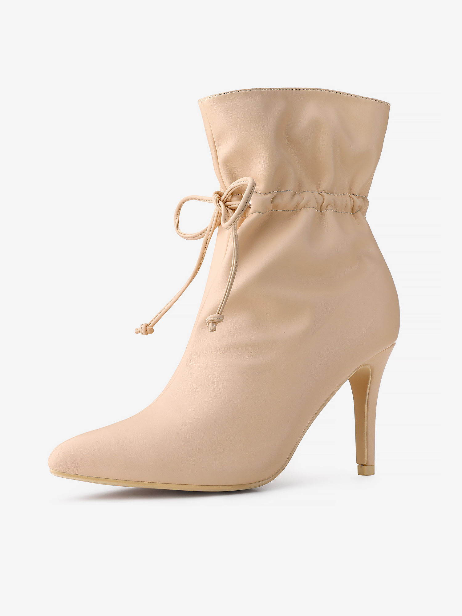 Pointed Toe Drawstring Pull On Stiletto Heel Ankle Boots Beige/8