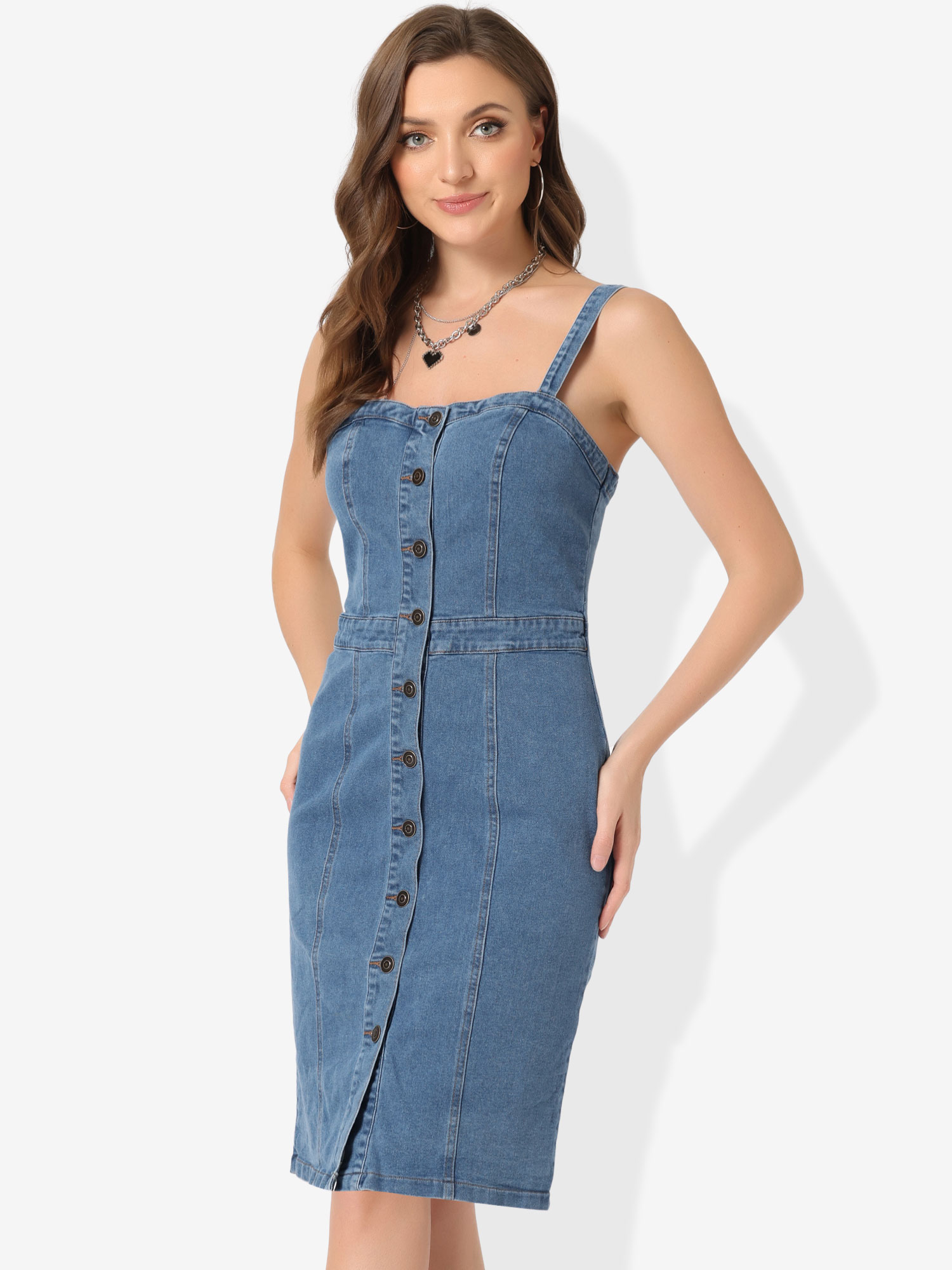 Button Down Denim Sleeveless Sweetheart Neck Jeans Dress Light Blue/M