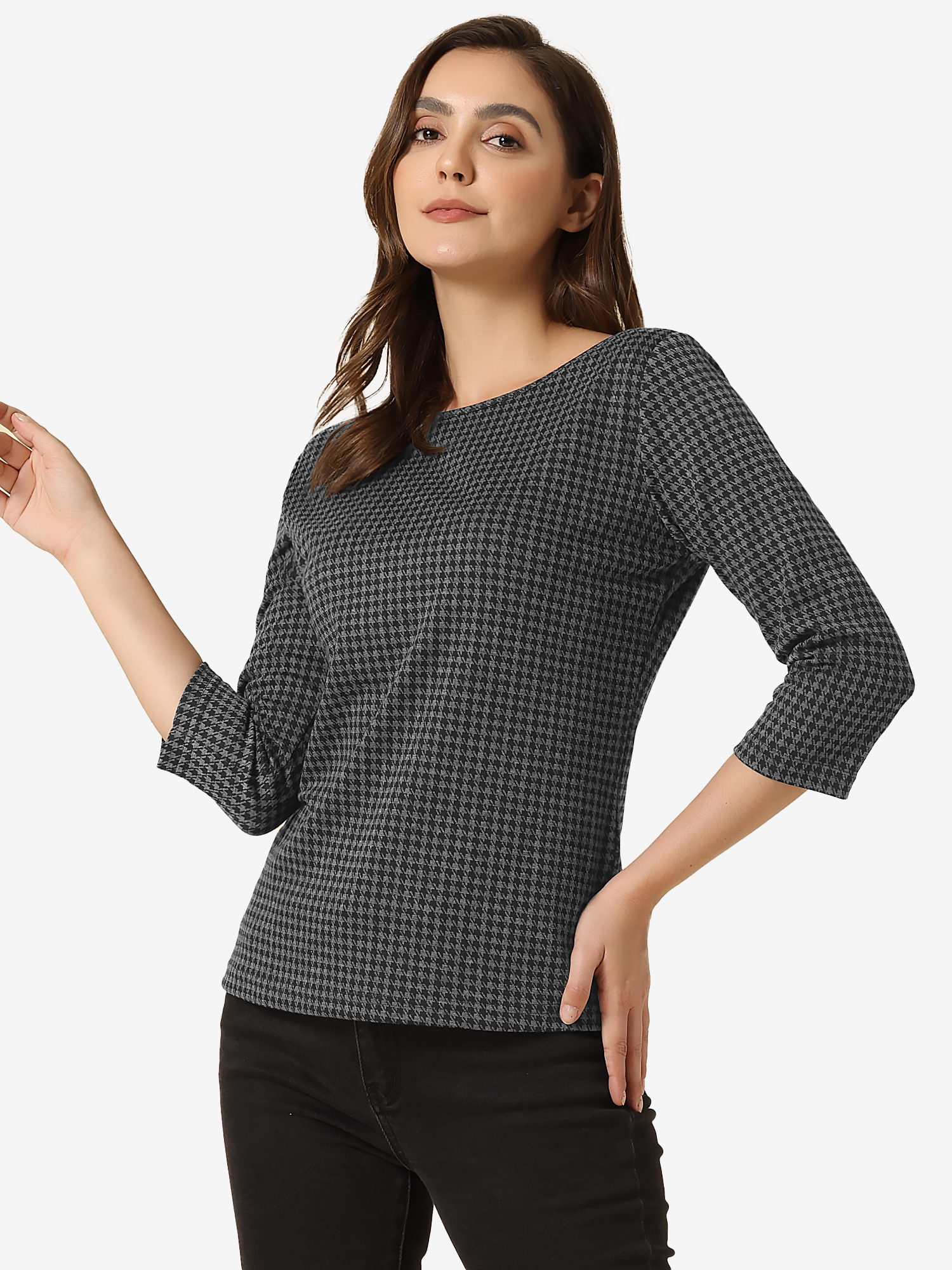 Work Office 3/4 Sleeve Boat Neck Houndstooth Printed Top Blouse Dark Gray/L