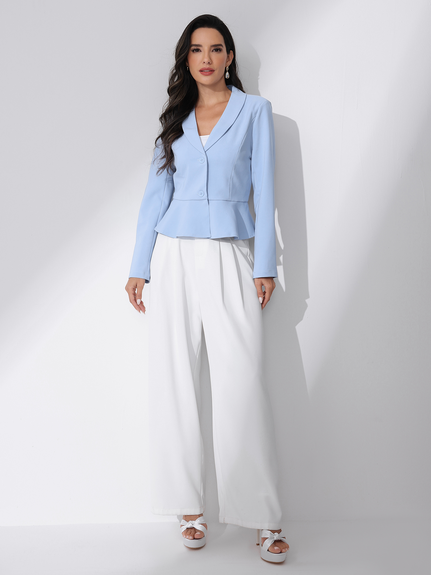 Vintage Lapel Long Sleeve Ruffle Hem Office Cropped Blazer Light Blue/S