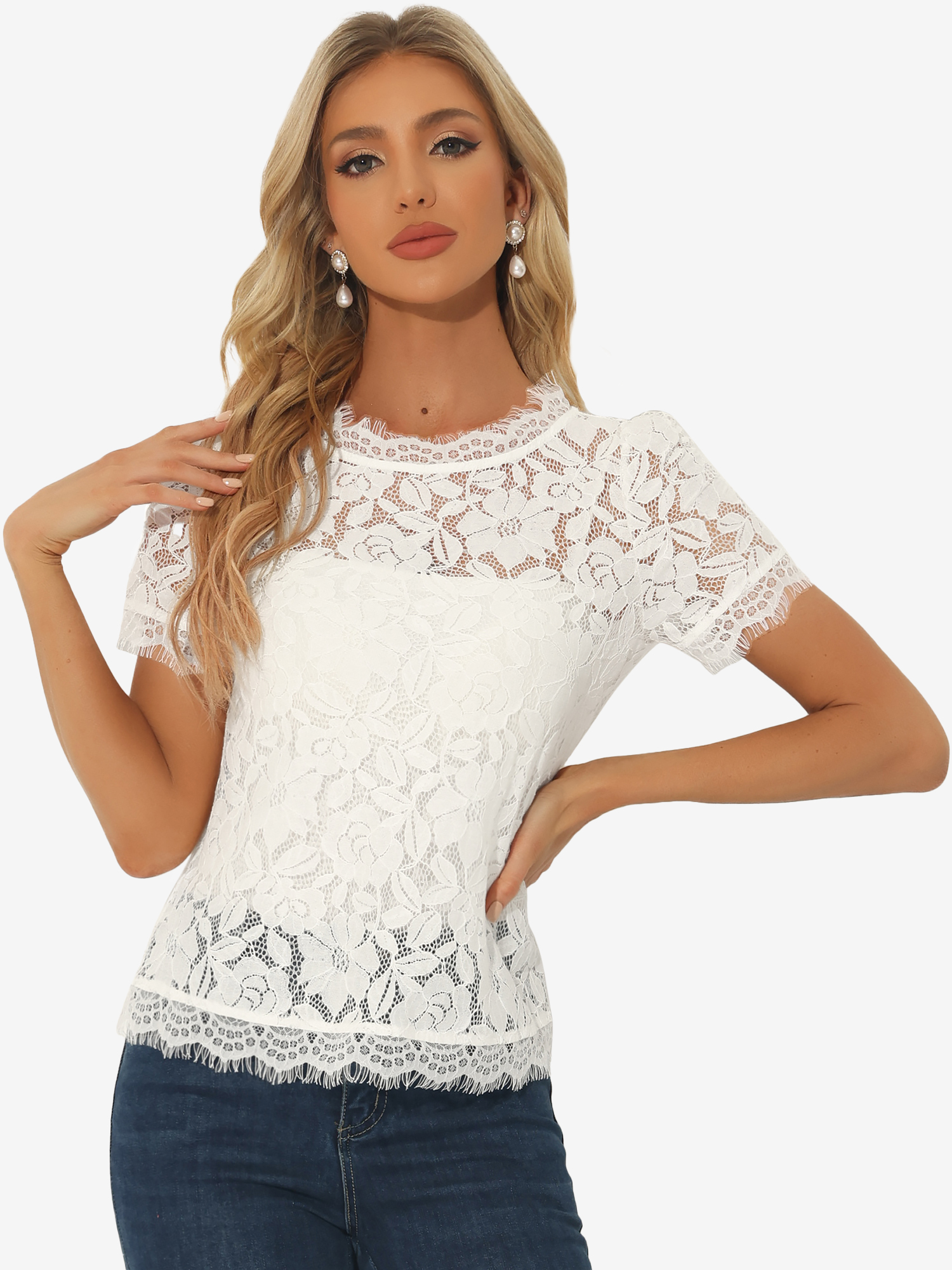 Lace Floral Scalloped Trim Short Sleeve Semi Sheer Blouse Cream White/XL