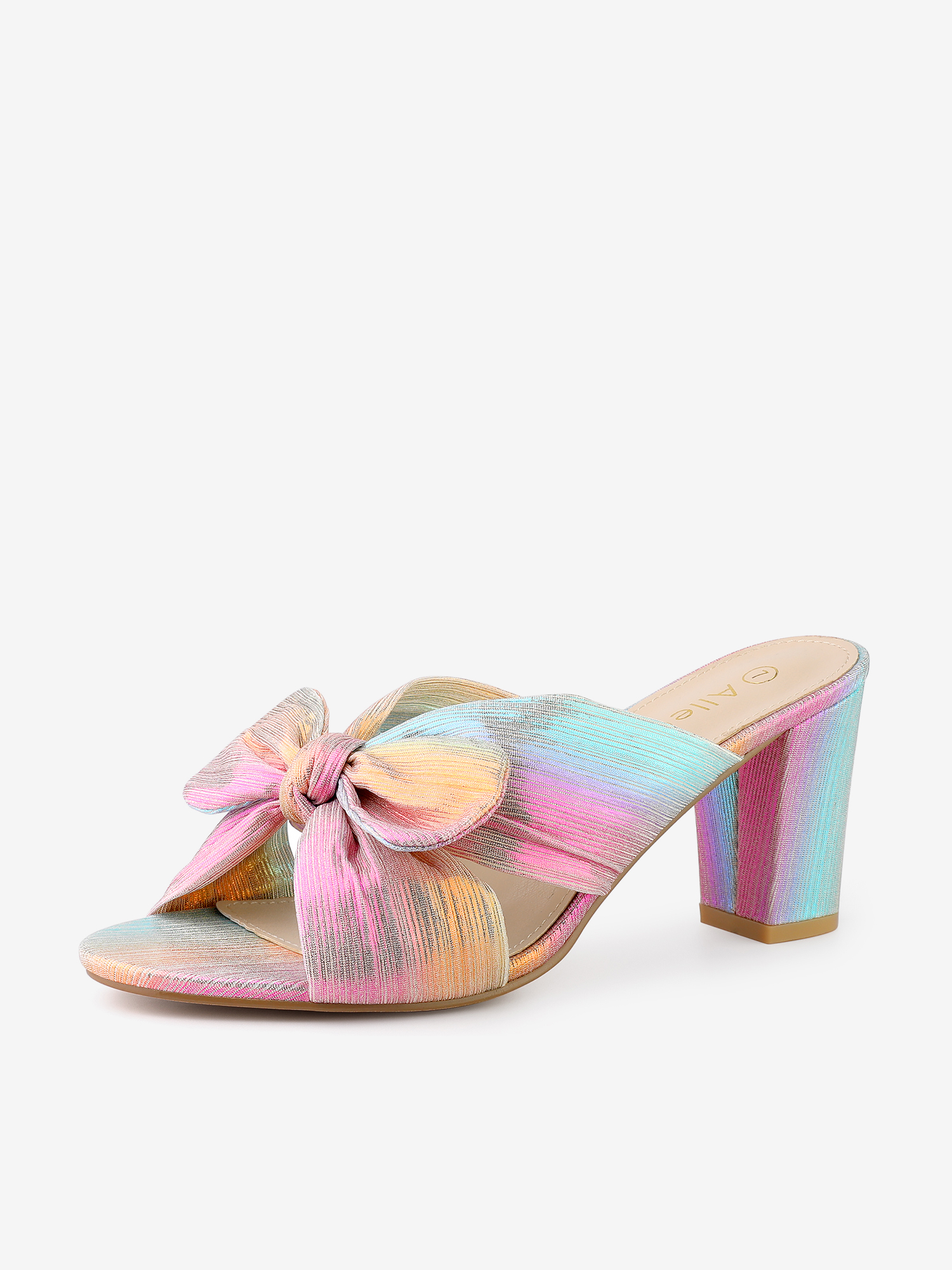 Women's Slip on Bow Chunky Heel Slide Sandals Colorful Silver/9.5