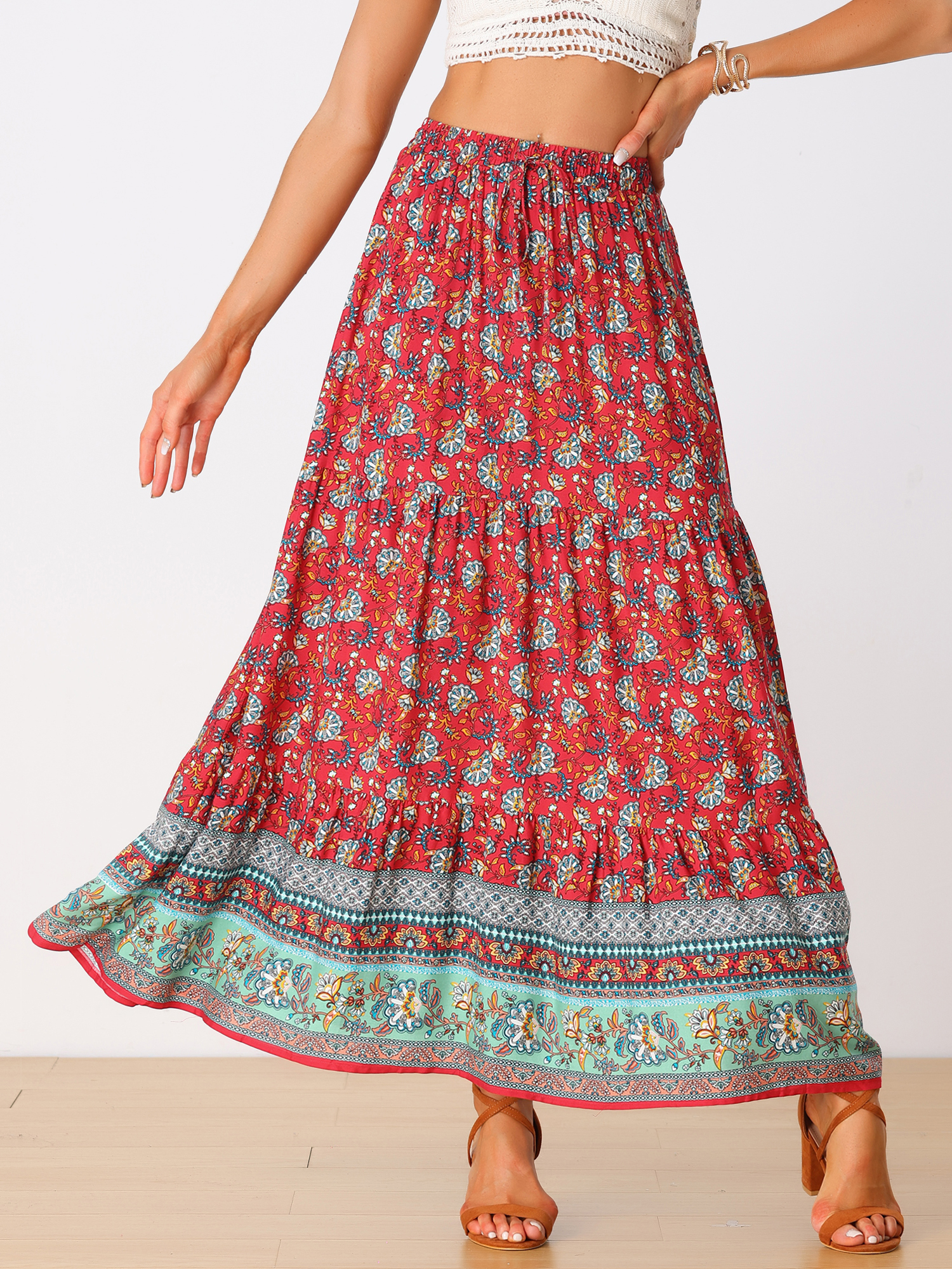 Boho Casual Bohemian Floral Printed Elastic Waist Maxi Skirt Red/XL