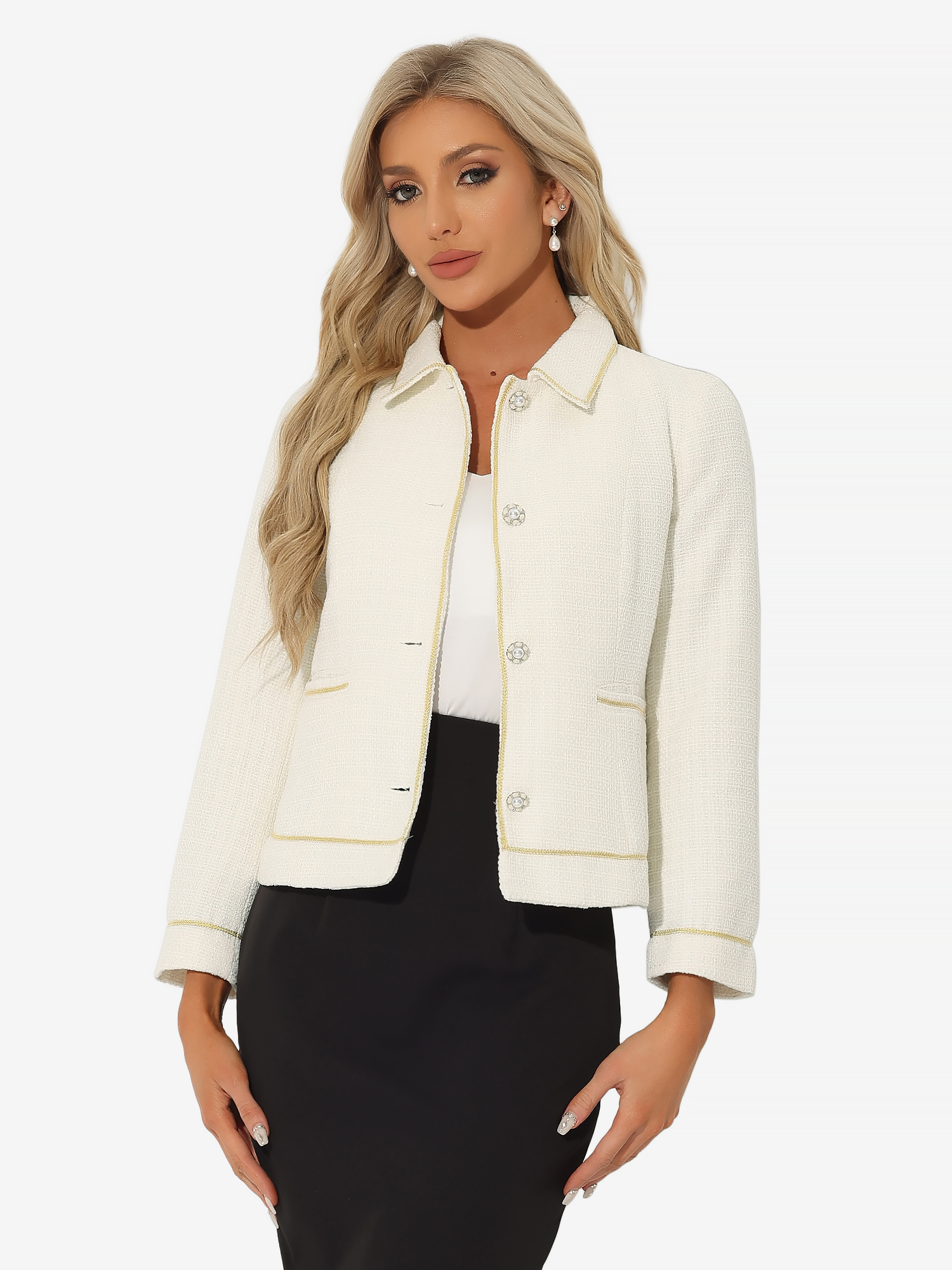 Collared Long Sleeve Contrast Trim Button Down Work Short Jacket White/XL