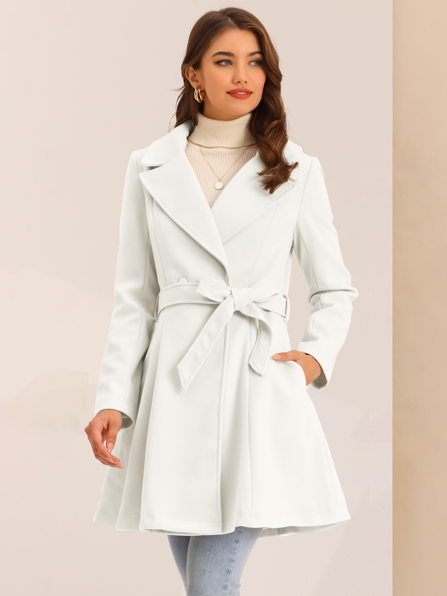 Elegant Overcoat Shawl Collar Single Winter Belted Long Coat White/M