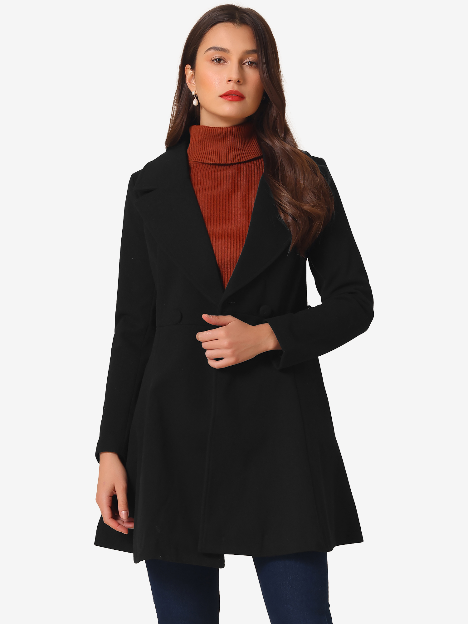 Elegant Overcoat Shawl Collar Single Winter Belted Long Coat Black/XS